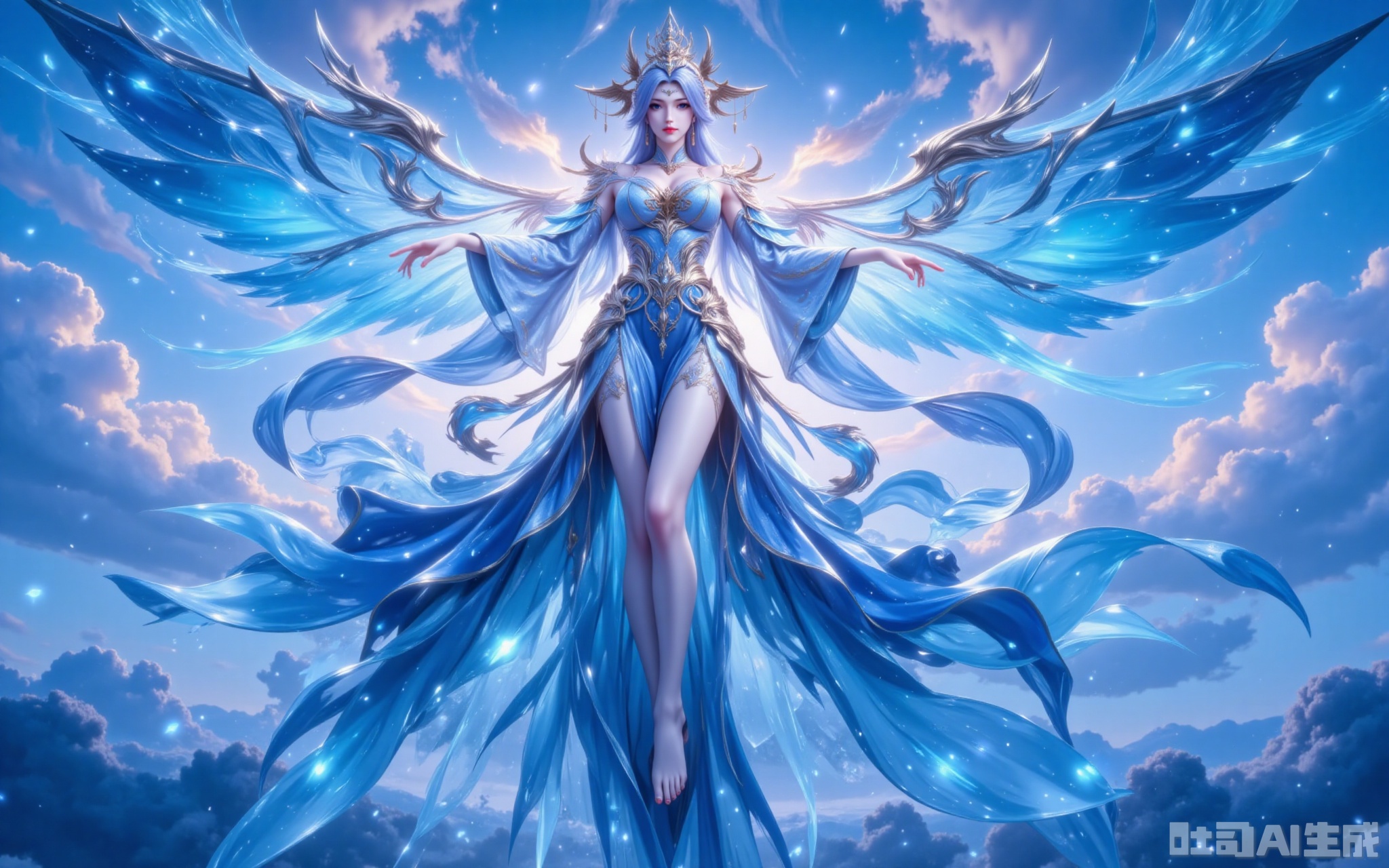 ,ningyudie,1girl, dress, solo, long hair, floating, hair ornament, wings, blue dress, sky, bare shoulders, full body, jewelry, detached sleeves, cloud, blue hair, bare legs, blue eyes, breasts, flying,15, cover,gradient background,close-up details,outstanding style,adding a touch of dimension to your images without compromising details,close-up,,lvjing,,baoshi,

