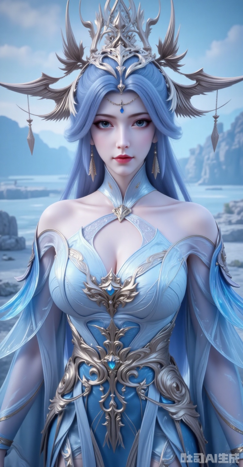 ,ningyudie,1girl,blue eyes,hair ornament,jewelry,long hair,looking at viewer,earrings,breasts,blue hair,parted lips,1girl,solo,dress,blue eyes,blurry background,looking at viewer,blue dress,blurry,standing,jewelry,closed mouth,long sleeves,see-through,bare shoulders,white dress,detached sleeves,9,cover,gradient background,close-up details,outstanding style,adding a touch of dimension to your images without compromising details,close-up,