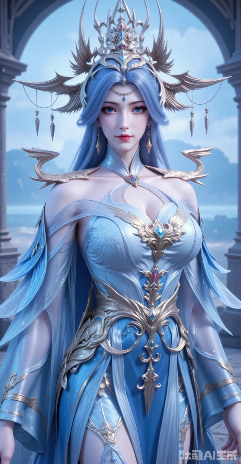 ,ningyudie,1girl,blue eyes,hair ornament,jewelry,long hair,looking at viewer,earrings,breasts,blue hair,parted lips,1girl,solo,dress,blue eyes,blurry background,looking at viewer,blue dress,blurry,standing,jewelry,closed mouth,long sleeves,see-through,bare shoulders,white dress,detached sleeves,9,cover,gradient background,close-up details,outstanding style,adding a touch of dimension to your images without compromising details,close-up,