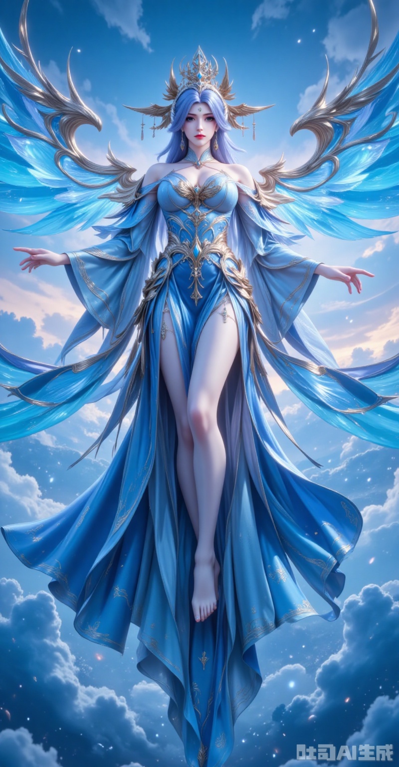 ,ningyudie,1girl, dress, solo, long hair, floating, hair ornament, wings, blue dress, sky, bare shoulders, full body, jewelry, detached sleeves, cloud, blue hair, bare legs, blue eyes, breasts, flying,15, cover,gradient background,close-up details,outstanding style,adding a touch of dimension to your images without compromising details,close-up,,lvjing,,baoshi,

