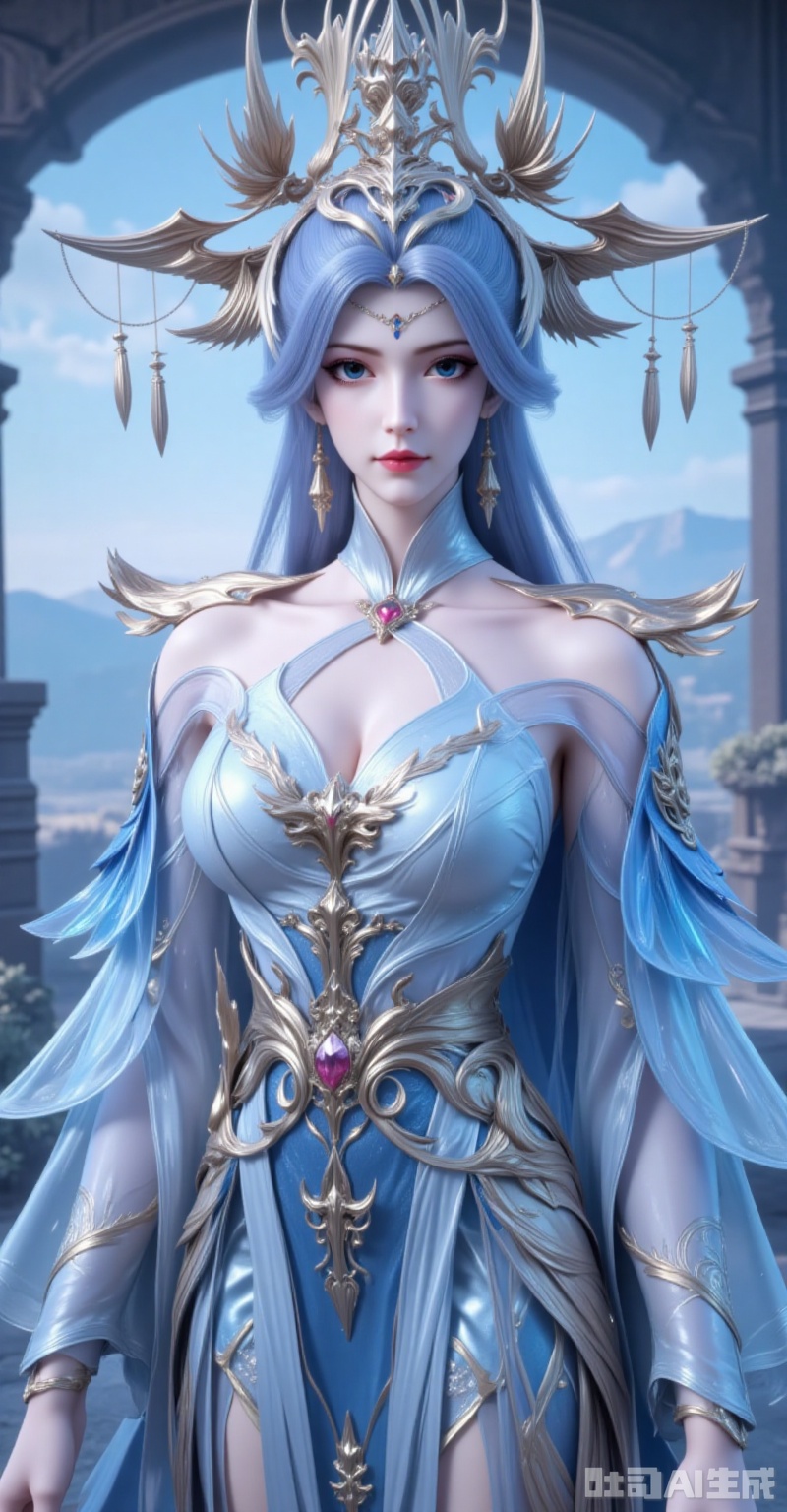 ,ningyudie,1girl,blue eyes,hair ornament,jewelry,long hair,looking at viewer,earrings,breasts,blue hair,parted lips,1girl,solo,dress,blue eyes,blurry background,looking at viewer,blue dress,blurry,standing,jewelry,closed mouth,long sleeves,see-through,bare shoulders,white dress,detached sleeves,9,cover,gradient background,close-up details,outstanding style,adding a touch of dimension to your images without compromising details,close-up,
