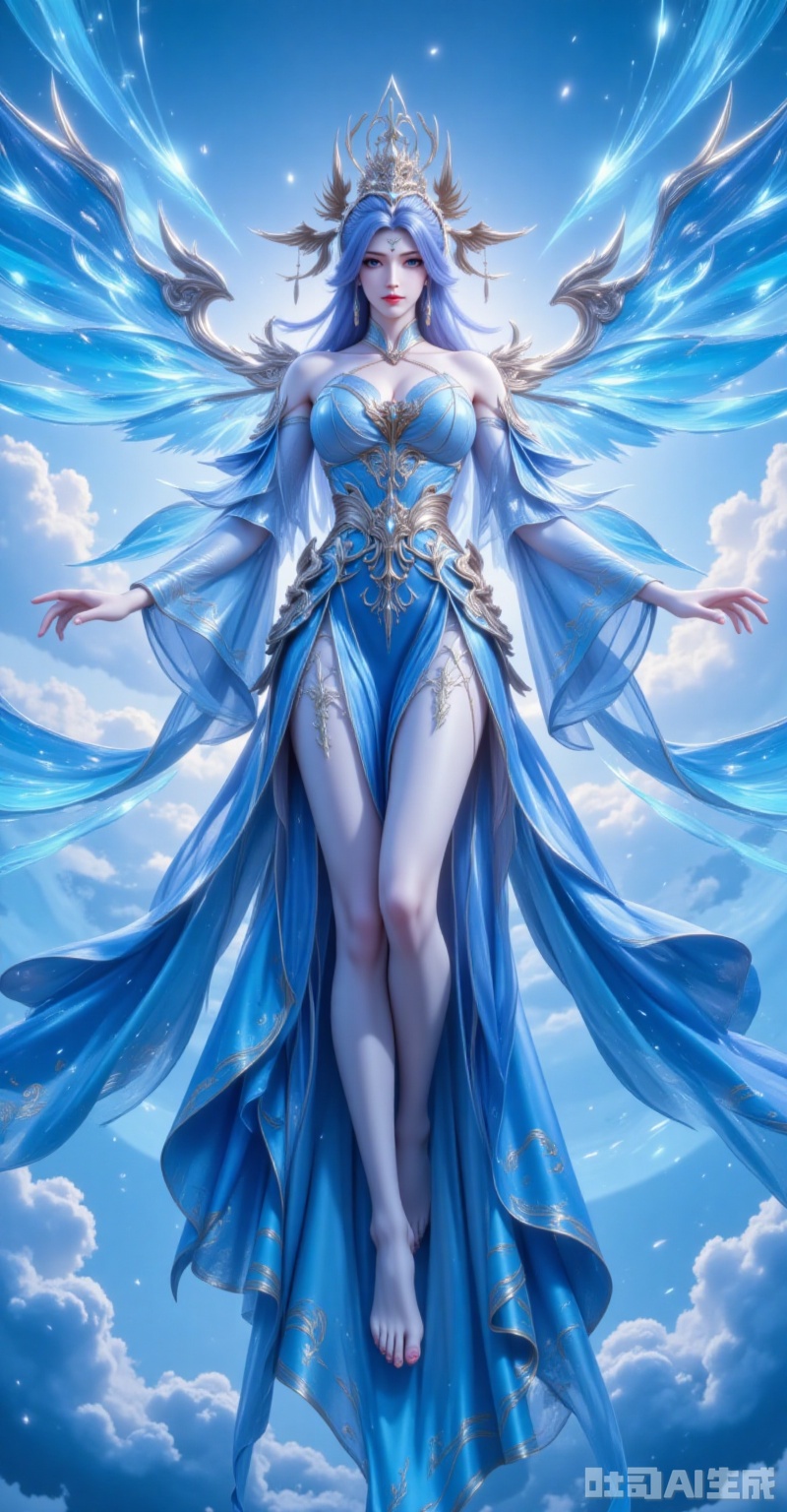 ,ningyudie,1girl, dress, solo, long hair, floating, hair ornament, wings, blue dress, sky, bare shoulders, full body, jewelry, detached sleeves, cloud, blue hair, bare legs, blue eyes, breasts, flying,15, cover,gradient background,close-up details,outstanding style,adding a touch of dimension to your images without compromising details,close-up,,lvjing,,baoshi,

