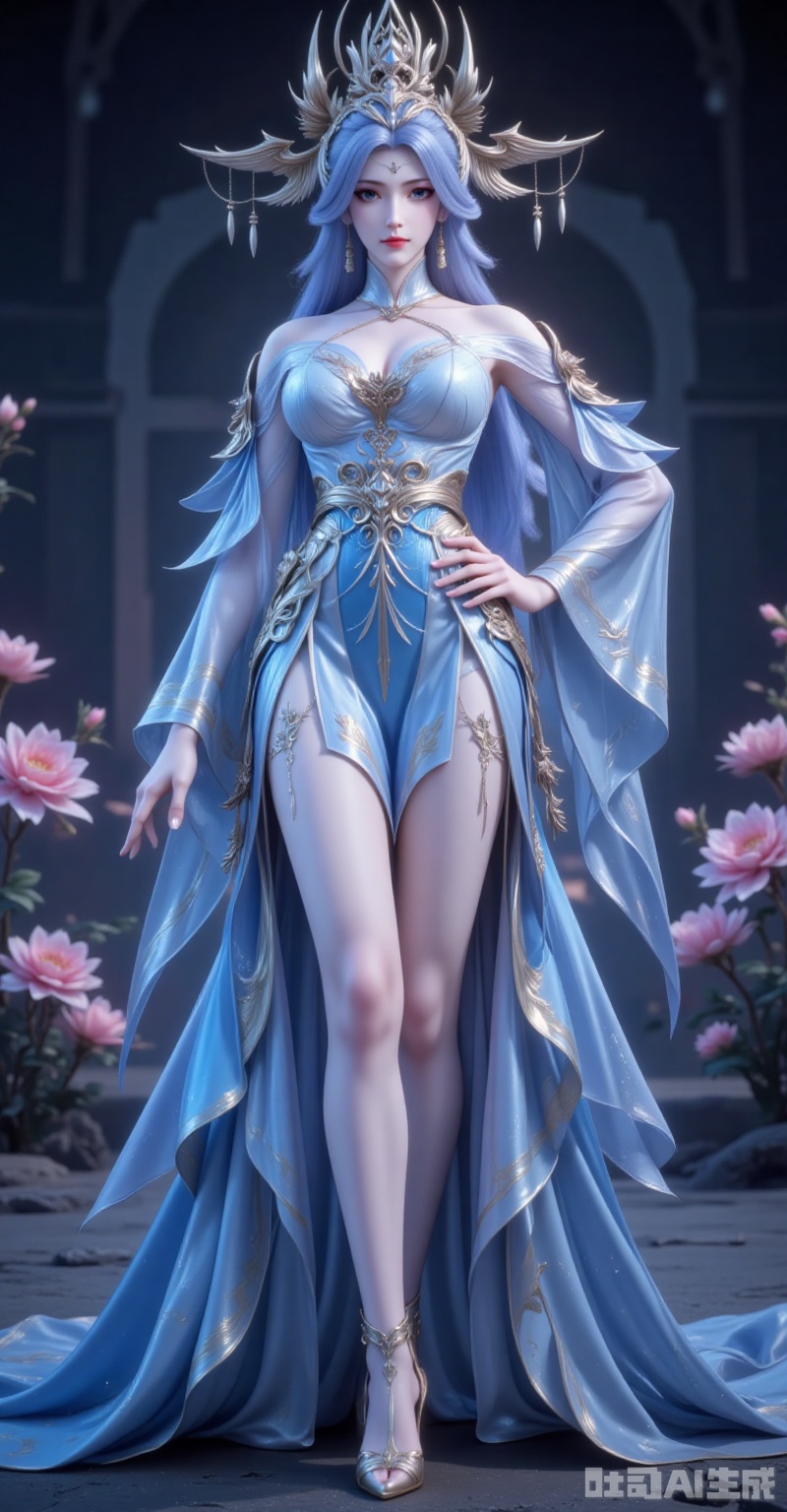ningyudie,1girl,blue eyes,hair ornament,jewelry,long hair,looking at viewer,earrings,breasts,blue hair,parted lips,1girl,solo,dress,blue eyes,blurry background,looking at viewer,blue dress,blurry,standing,jewelry,closed mouth,long sleeves,see-through,bare shoulders,white dress,detached sleeves,high_heels,(full body:1.1),black_background,flowers background,cover,gradient background,close-up details,outstanding style,adding a touch of dimension to your images without compromising details,close-up,