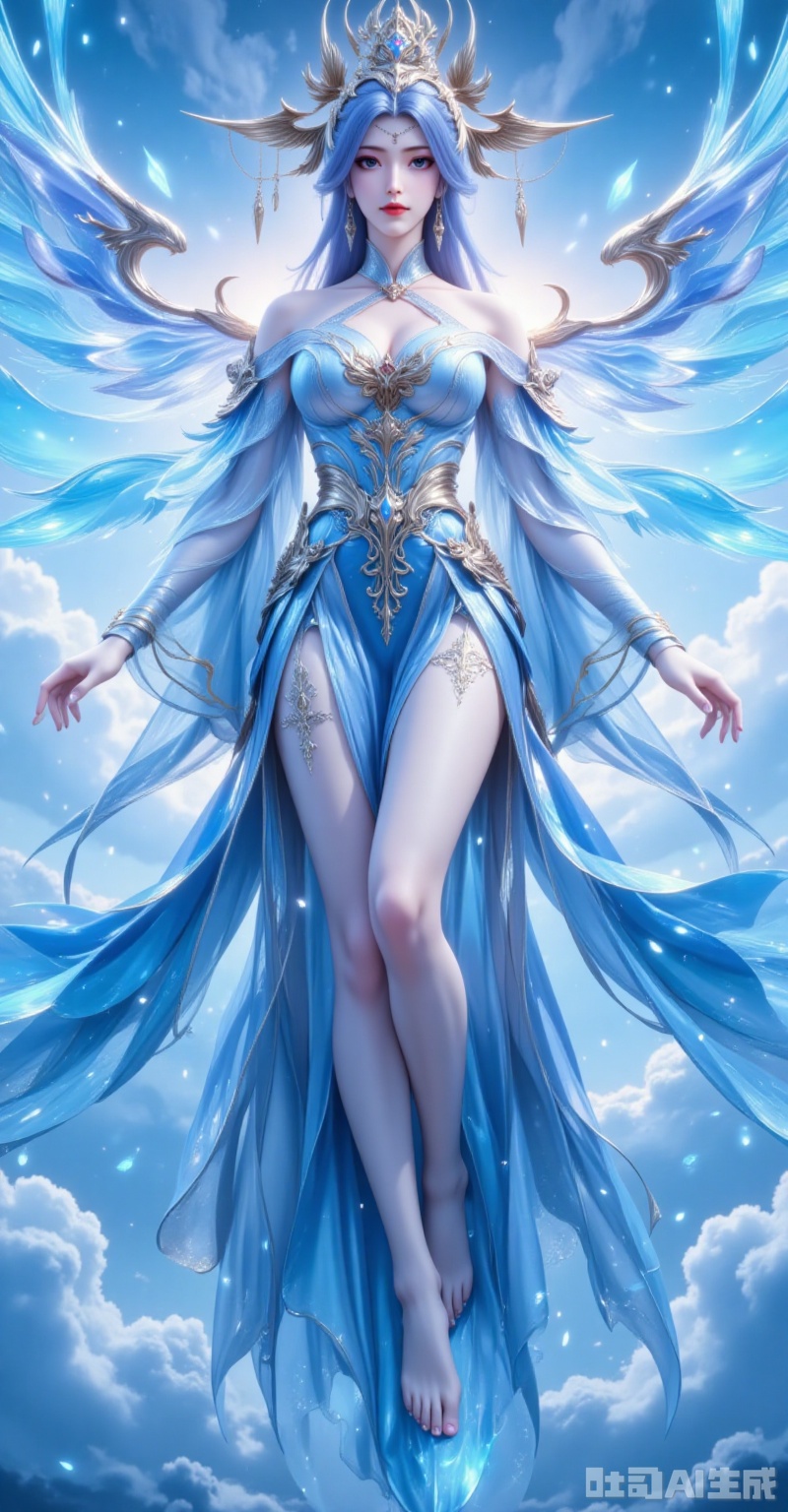 ,ningyudie,1girl, dress, solo, long hair, floating, hair ornament, wings, blue dress, sky, bare shoulders, full body, jewelry, detached sleeves, cloud, blue hair, bare legs, blue eyes, breasts, flying,15, cover,gradient background,close-up details,outstanding style,adding a touch of dimension to your images without compromising details,close-up,,lvjing,,baoshi,


