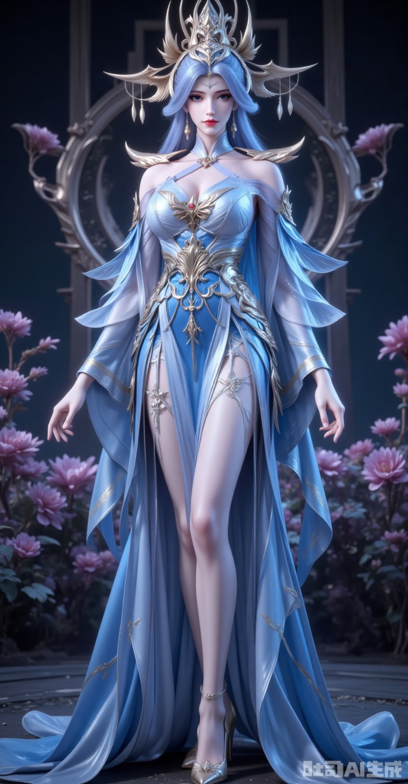 ningyudie,1girl,blue eyes,hair ornament,jewelry,long hair,looking at viewer,earrings,breasts,blue hair,parted lips,1girl,solo,dress,blue eyes,blurry background,looking at viewer,blue dress,blurry,standing,jewelry,closed mouth,long sleeves,see-through,bare shoulders,white dress,detached sleeves,high_heels,(full body:1.1),black_background,flowers background,cover,gradient background,close-up details,outstanding style,adding a touch of dimension to your images without compromising details,close-up,