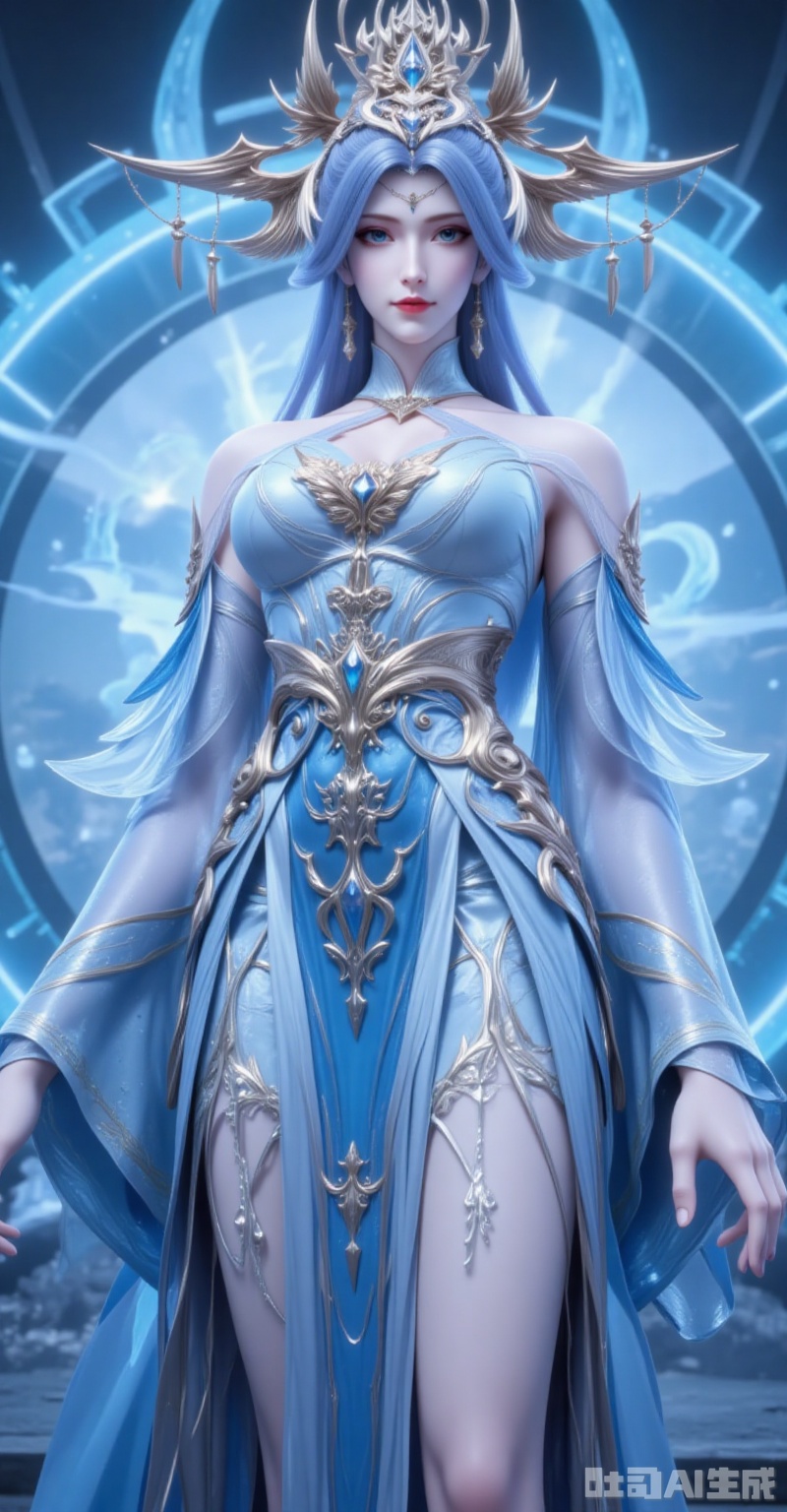 ,ningyudie,1girl,blue eyes,hair ornament,jewelry,long hair,looking at viewer,earrings,breasts,blue hair,parted lips,1girl,solo,dress,blue eyes,blurry background,looking at viewer,blue dress,blurry,standing,jewelry,closed mouth,long sleeves,see-through,bare shoulders,white dress,detached sleeves,9,cover,gradient background,close-up details,outstanding style,adding a touch of dimension to your images without compromising details,close-up,