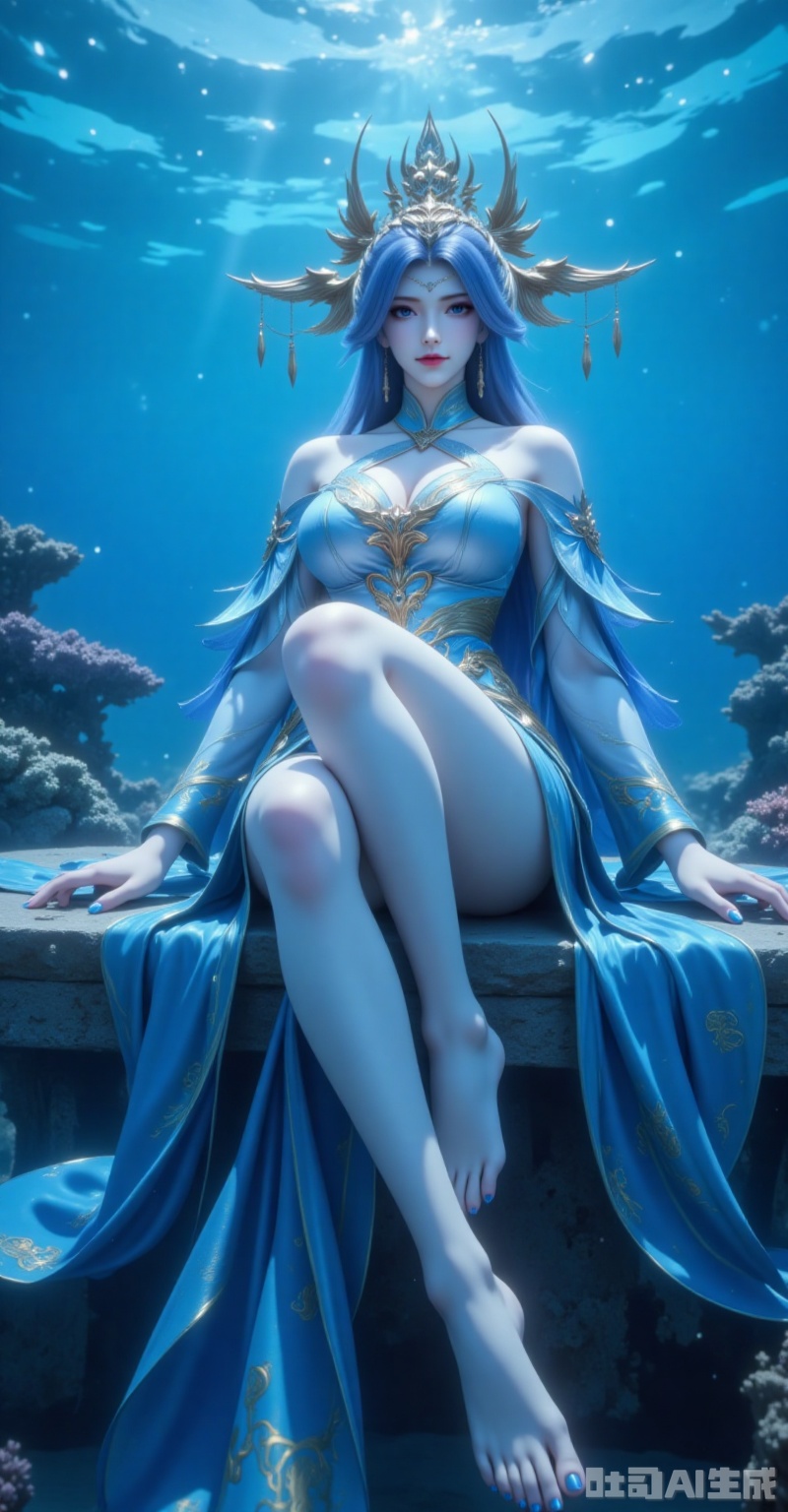 ningyudie,1girl,blue eyes,hair ornament,jewelry,long hair,looking at viewer,earrings,breasts,blue hair,parted lips,1girl,blue hair,barefoot,bare legs,dress,long hair,solo,blue dress,sitting,bare shoulders,hair ornament,full body,blue eyes,toes,feet,legs,jewelry,toenails,nail polish,breasts,detached sleeves,toenail polish,clothing cutout,blue nails,14,under the water,coral,cover,gradient background,close-up details,outstanding style,adding a touch of dimension to your images without compromising details,close-up