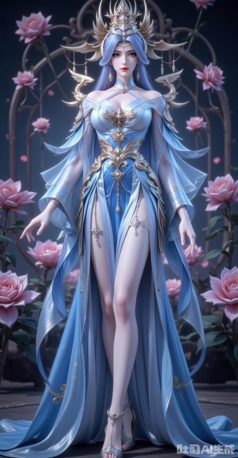 ningyudie,1girl,blue eyes,hair ornament,jewelry,long hair,looking at viewer,earrings,breasts,blue hair,parted lips,1girl,solo,dress,blue eyes,blurry background,looking at viewer,blue dress,blurry,standing,jewelry,closed mouth,long sleeves,see-through,bare shoulders,white dress,detached sleeves,high_heels,(full body:1.1),black_background,flowers background,cover,gradient background,close-up details,outstanding style,adding a touch of dimension to your images without compromising details,close-up,