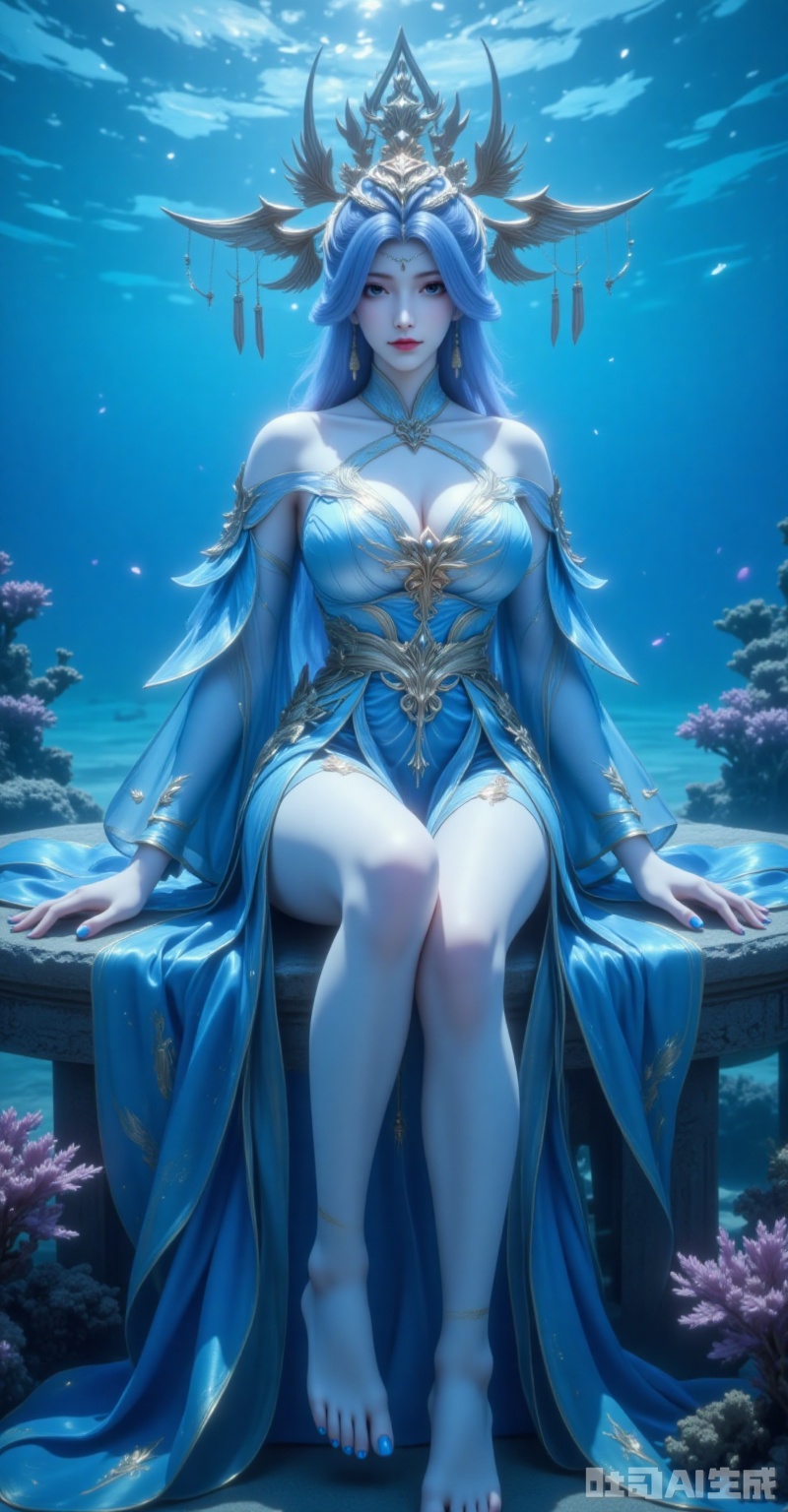 ningyudie,1girl,blue eyes,hair ornament,jewelry,long hair,looking at viewer,earrings,breasts,blue hair,parted lips,1girl,blue hair,barefoot,bare legs,dress,long hair,solo,blue dress,sitting,bare shoulders,hair ornament,full body,blue eyes,toes,feet,legs,jewelry,toenails,nail polish,breasts,detached sleeves,toenail polish,clothing cutout,blue nails,14,under the water,coral,cover,gradient background,close-up details,outstanding style,adding a touch of dimension to your images without compromising details,close-up