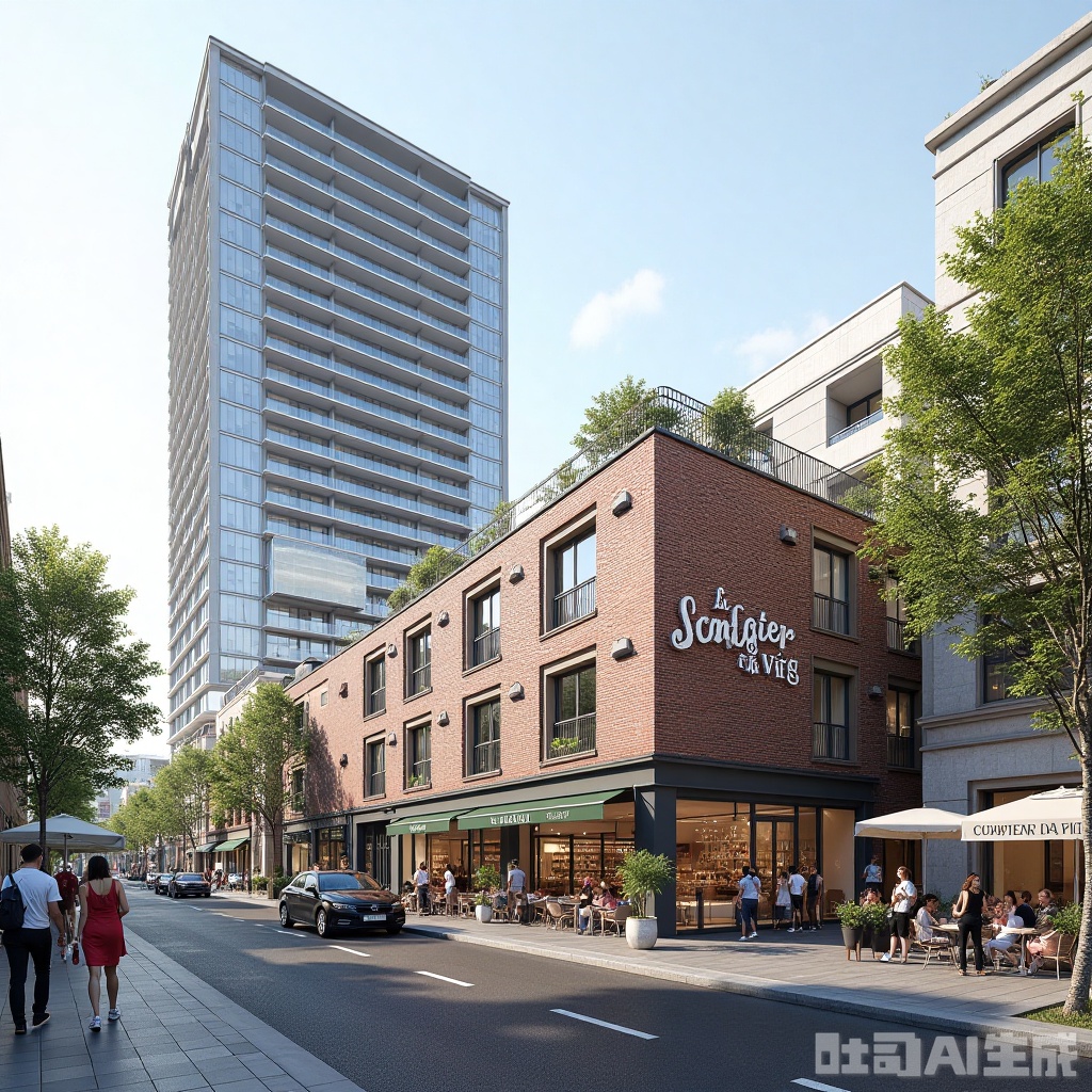 landscapejam,haipai, Photograph of a modern urban street scene featuring a tall, glass-fronted building with balconies, adjacent to a brick building with a sign reading "Le Coeur de la Vie." People walk and sit outside cafes, with trees and potted plants lining the sidewalk. The sky is clear, and the atmosphere is lively.