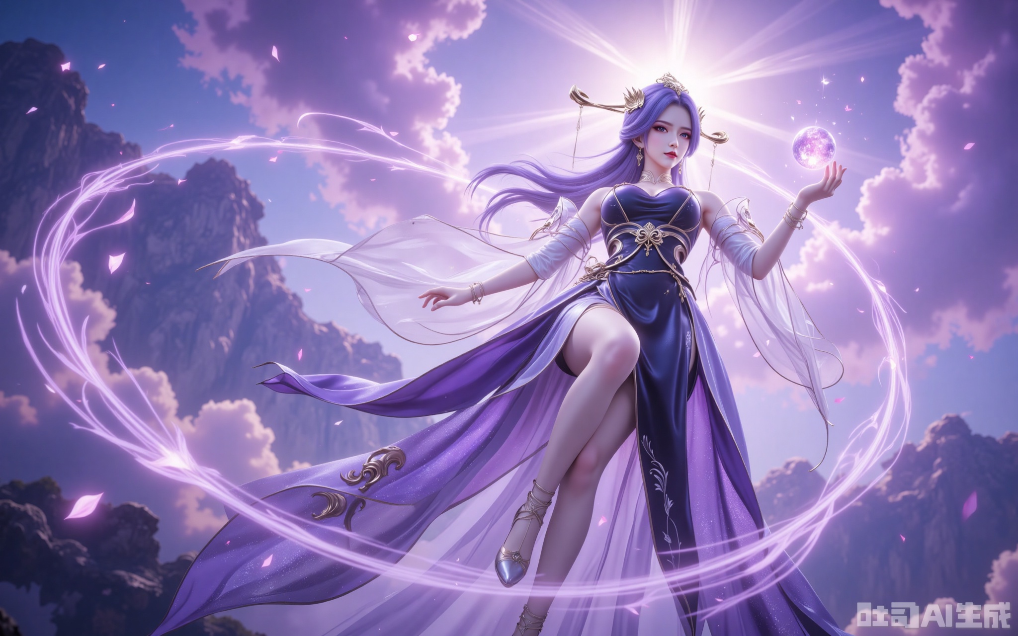 tianqiong,1girl,dress,solo,purple hair,purple eyes,hair ornament,long hair,bare shoulders,
The dawn light fractures through the clouds, crowning her in divine amethyst radiance. Violet tresses cascade like nebulae, their diamond-studded ends scattering stardust with every movement. The lavish skirt blooms like midnight irises in the sea of clouds, while crystal heels suspend prismatic halos beneath her silk-stockinged legs.

Cupping a sphere of sunlight in her palms, she floats amidst swirling violet energy that weaves ancient runes in the air. Shot from a reverent low angle, the 8K resolution captures every exquisite detail—from the morning dew on her lashes to the hidden embroidery on her gown—transforming the scene into a living masterpiece.
lvjing,
