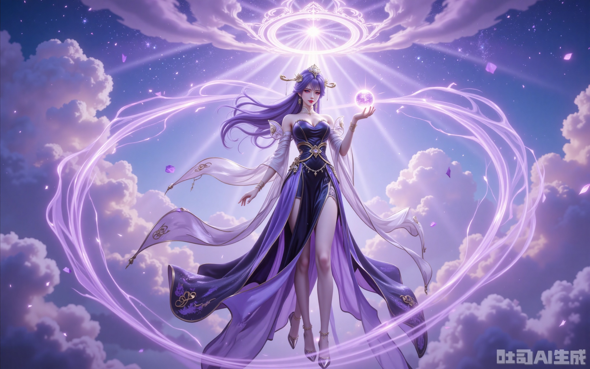 tianqiong,1girl,dress,solo,purple hair,purple eyes,hair ornament,long hair,bare shoulders,
The dawn light fractures through the clouds, crowning her in divine amethyst radiance. Violet tresses cascade like nebulae, their diamond-studded ends scattering stardust with every movement. The lavish skirt blooms like midnight irises in the sea of clouds, while crystal heels suspend prismatic halos beneath her silk-stockinged legs.

Cupping a sphere of sunlight in her palms, she floats amidst swirling violet energy that weaves ancient runes in the air. Shot from a reverent low angle, the 8K resolution captures every exquisite detail—from the morning dew on her lashes to the hidden embroidery on her gown—transforming the scene into a living masterpiece.
lvjing,
