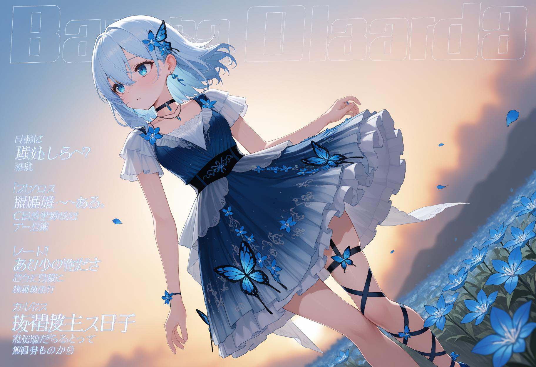 solo,(front view:1.3),dutch angle,looking_away,Cirrocumulus,Cirrostratus,sky,wind,petals,magazine cover,backlighting,text,masterpiece,best quality,amazing quality,very awa,absurdres,newest,very aesthetic,<lora:仓田真白msr:1>,blue eyes,hair between eyes,light blue hair,medium hair,diertao,butterfly hair ornament,choker,ankle lace-up,ankle strap,black choker,blue dress,blue footwear,blue flower,earrings,flower,hair flower,hair ornament,high heels,jewelry,one leg ribbon,necklace,short sleeves,one thigh strap,hair behind one ear,