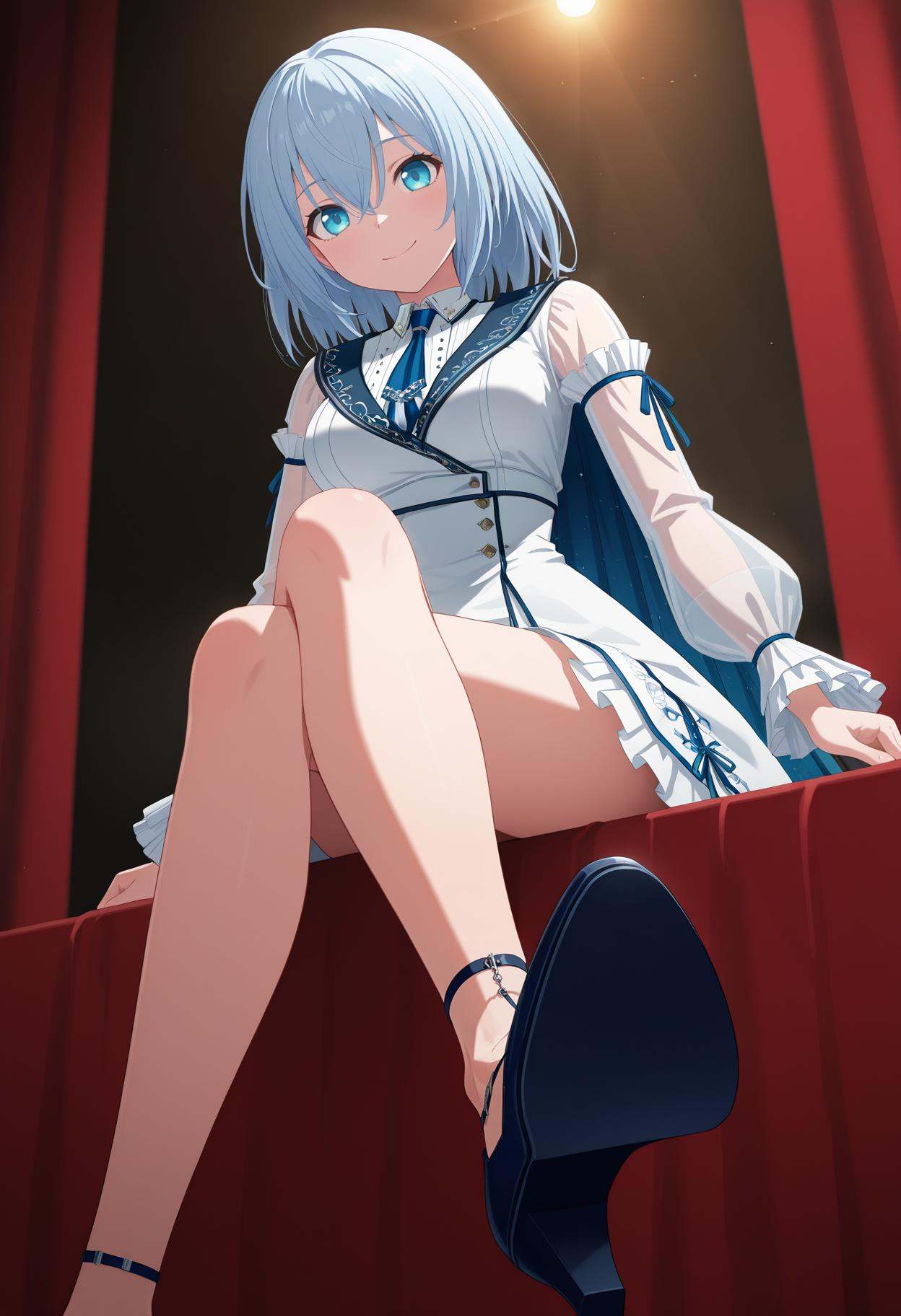 masterpiece,best quality,ultra-detailed,very aesthetic,sharp focus,vibrant colors,ray tracing,best lighting,detailed illustration,detailed background,cinematic,general,sensitive,explicit,neon,light,vibrant colors,glow,score_9,score_8_up,score_7_up,source_anime,looking_down,from_below,sit on the edge of the stage,stage,concert,sound,voicevox,red curtain,soft shadows,soft natural lighting,dramatic lighting,(rich tones:0.9),low angle,(gradient:1.1),looking_at_viewer,smile,(darkness:1.5),(foot focus:1.1),front view,crossed_legs,<lora:仓田真白msr:1>,blue eyes,hair between eyes,light blue hair,medium hair,diyitao,blue necktie,blue ribbon,frilled sleeves,long sleeves,medium breasts,puffy sleeves,see-through sleeves,white dress,white skirt,dark blue heels,dark blue anklet,long clear blue one-shoulder cape,
