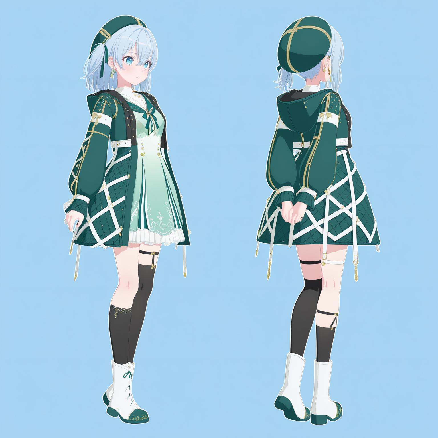 best quality,masterpiece,good quality,blue  background,white outline,pastel colors,2girl,real cloths,(two perspectives:1.4),(front view:1.1),(from_back:1.3),arms_behind_back,standing,<lora:仓田真白msr:1>,blue eyes,hair between eyes,light blue hair,medium hair,disitao,asymmetrical legwear,green beret,black stocking,asymmetrical stocking,boots,earrings,light green dress,green jacket,hood down,jacket with hood,jewelry,long sleeves,open jacket,ribbon,side ponytail,short hair,single kneehigh,single sock,single thighhigh,thigh strap,uneven legwear,white footwear,