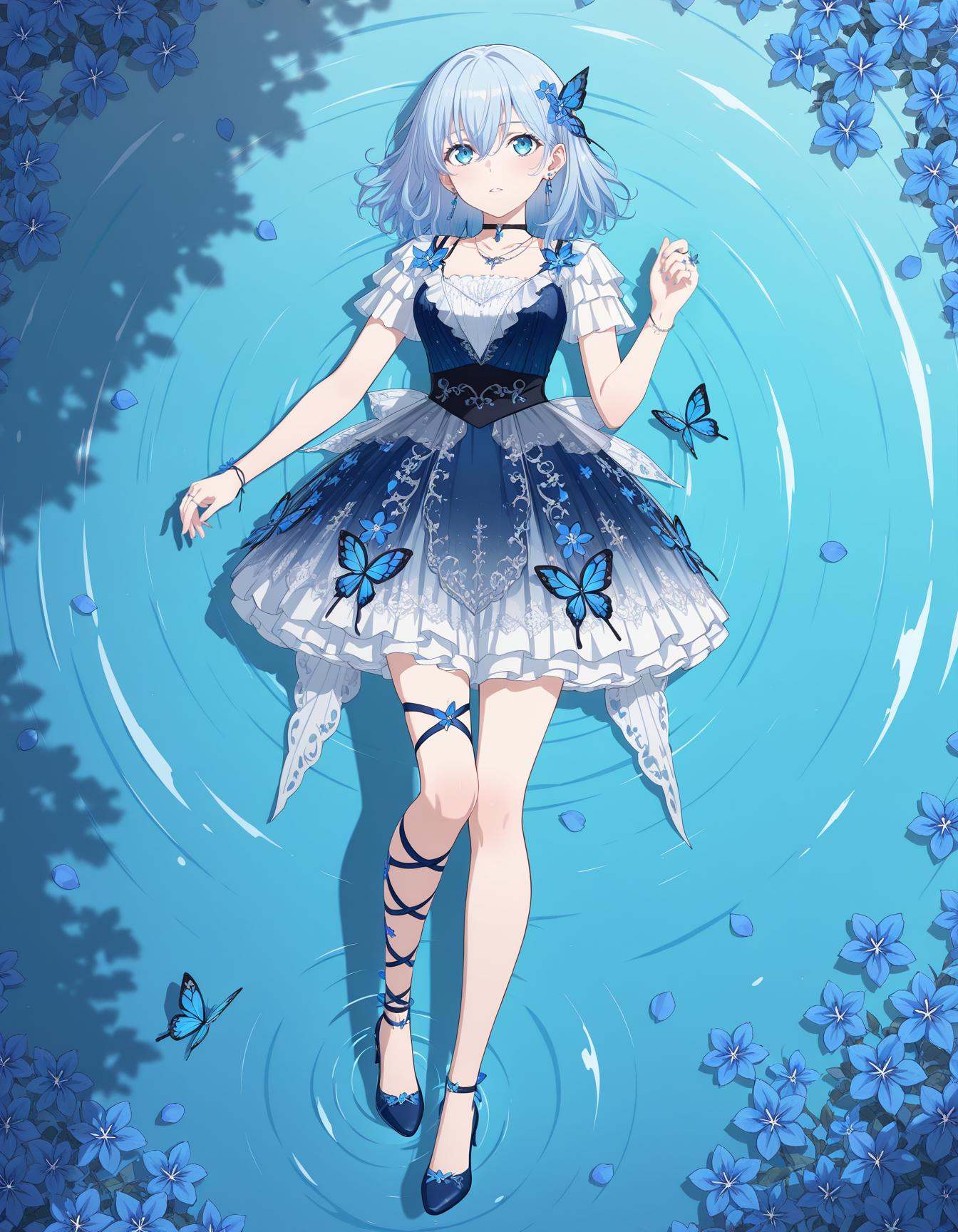 1girl,full body,score_9,score_8_up,score_7_up,source_anime,on back,barefooted,water,petals,butterfly,ripples,soft natural lighting,soft shadows,blue theme,in spring,day,from_side,from_above,looking_up,masterpiece,best quality,ultra-detailed,very aesthetic,sharp focus,vibrant colors,ray tracing,best lighting,detailed illustration,detailed background,cinematic,<lora:仓田真白msr:1>,blue eyes,hair between eyes,light blue hair,medium hair,diertao,butterfly hair ornament,choker,ankle lace-up,ankle strap,black choker,blue dress,blue footwear,blue flower,earrings,flower,hair flower,hair ornament,high heels,jewelry,one leg ribbon,necklace,ring,short sleeves,one thigh strap,hair behind one ear,