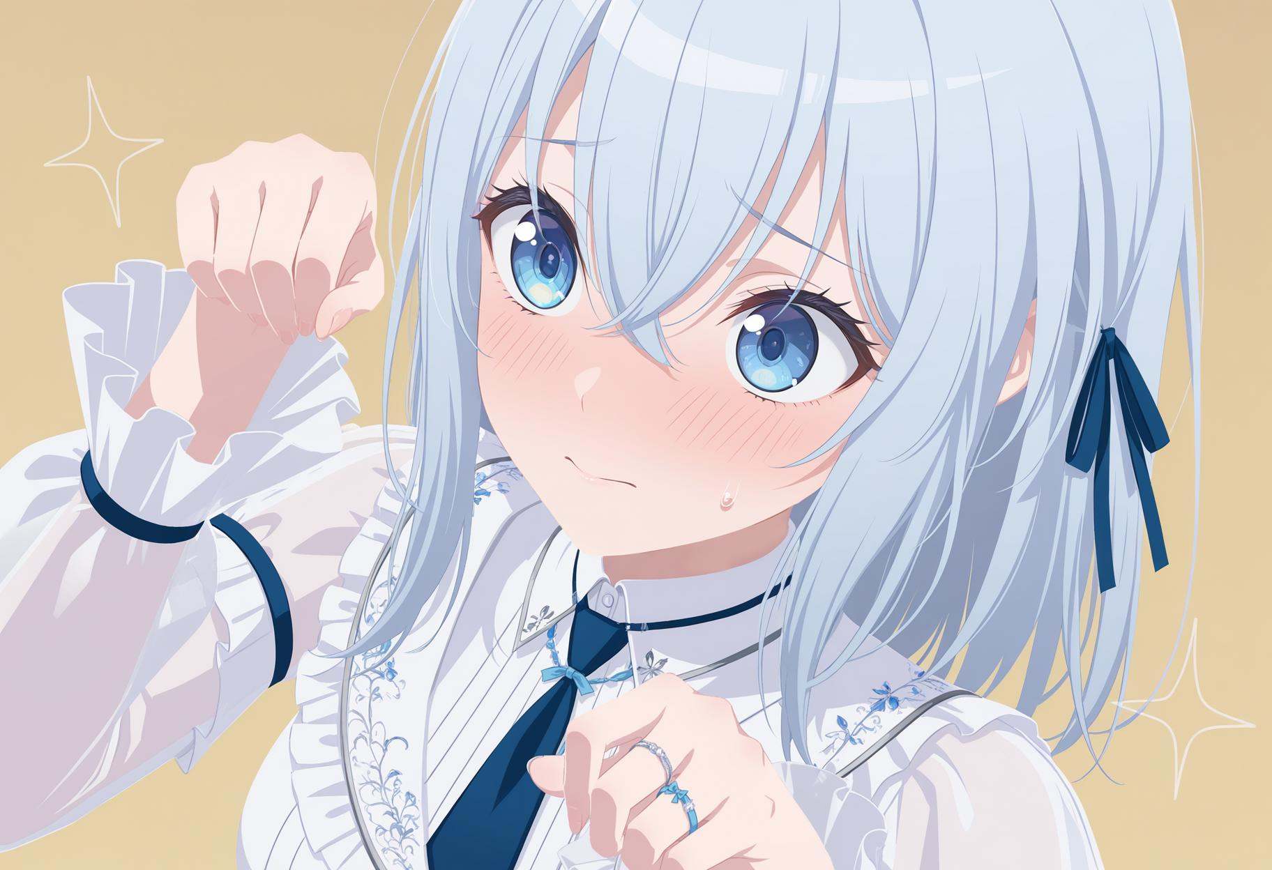 masterpiece,best quality,very aesthetic,absurdres,newest,no lineart,portrait,1girl,close-up,from above,flat color,upper body,hand frame,eye focus,sparkle,<lora:仓田真白msr:1>,blue eyes,hair between eyes,light blue hair,medium hair,only one ring,blush,flustered,cat_pose,diyitao,blue necktie,blue ribbon,frilled sleeves,long sleeves,puffy sleeves,see-through sleeves,white dress,