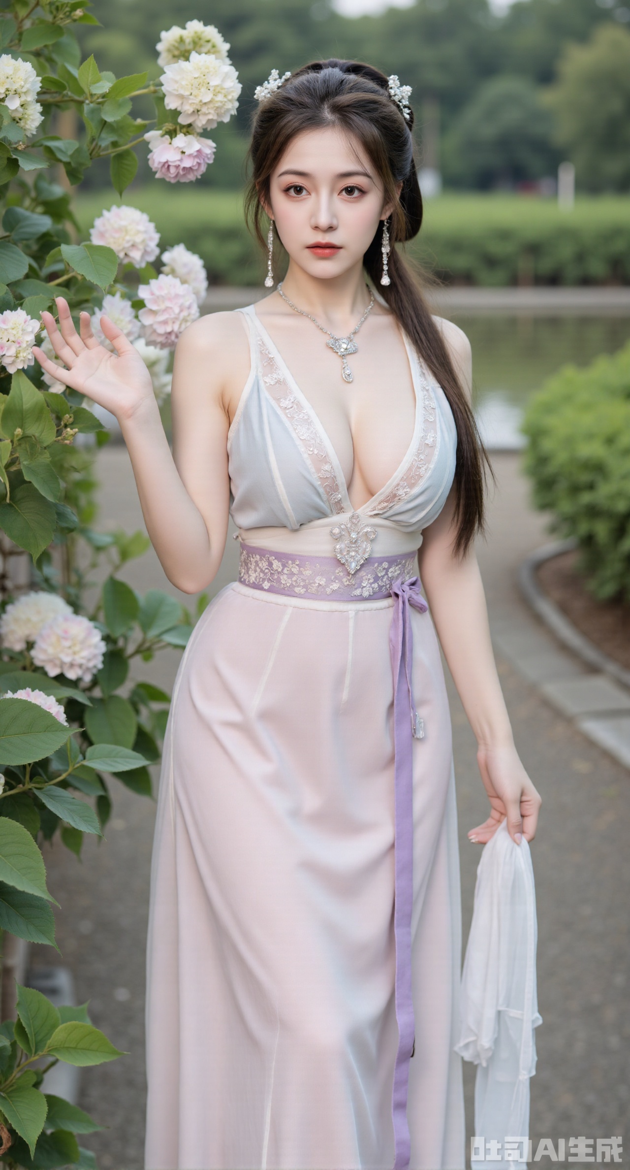 (masterpiece:1.2),best quality,absurdres,masterpiece,original,extremely detailed wallpaper,perfect lighting,1girl,solo,looking at viewer,(cowboy_shot:1.3),long hair,high heels,blurry background,depth of field,motion blur,(long dress:1.23),china_dress,chinese_style,bare shouders,crystal_earrings,headpiece,hair_tie,chest_jewel,gem,necklace,jewelry,in summer,day,outdoors,nature,garden,,(standing,Hydrangea, Hydrangea Field:1.69),(huge breasts:2.99),(full breasts:2.99),,(huge breasts:2.99), (full breasts:2.99),Xyunxiao,XyunxiaoYK,Xdixionglianyiqun,Xmiaozufushi,Xqilinxianzi,XTifaLockhart,Xjinshenjianshenfu,Xbigbreasts,Xrixirenxiangsheying,XzhaoxiangerX,Xnanxiaochen2,Xyinyue2,Xchenjiajia,Xhanfusiwa,Xmengru,Xweijinfenghanfu