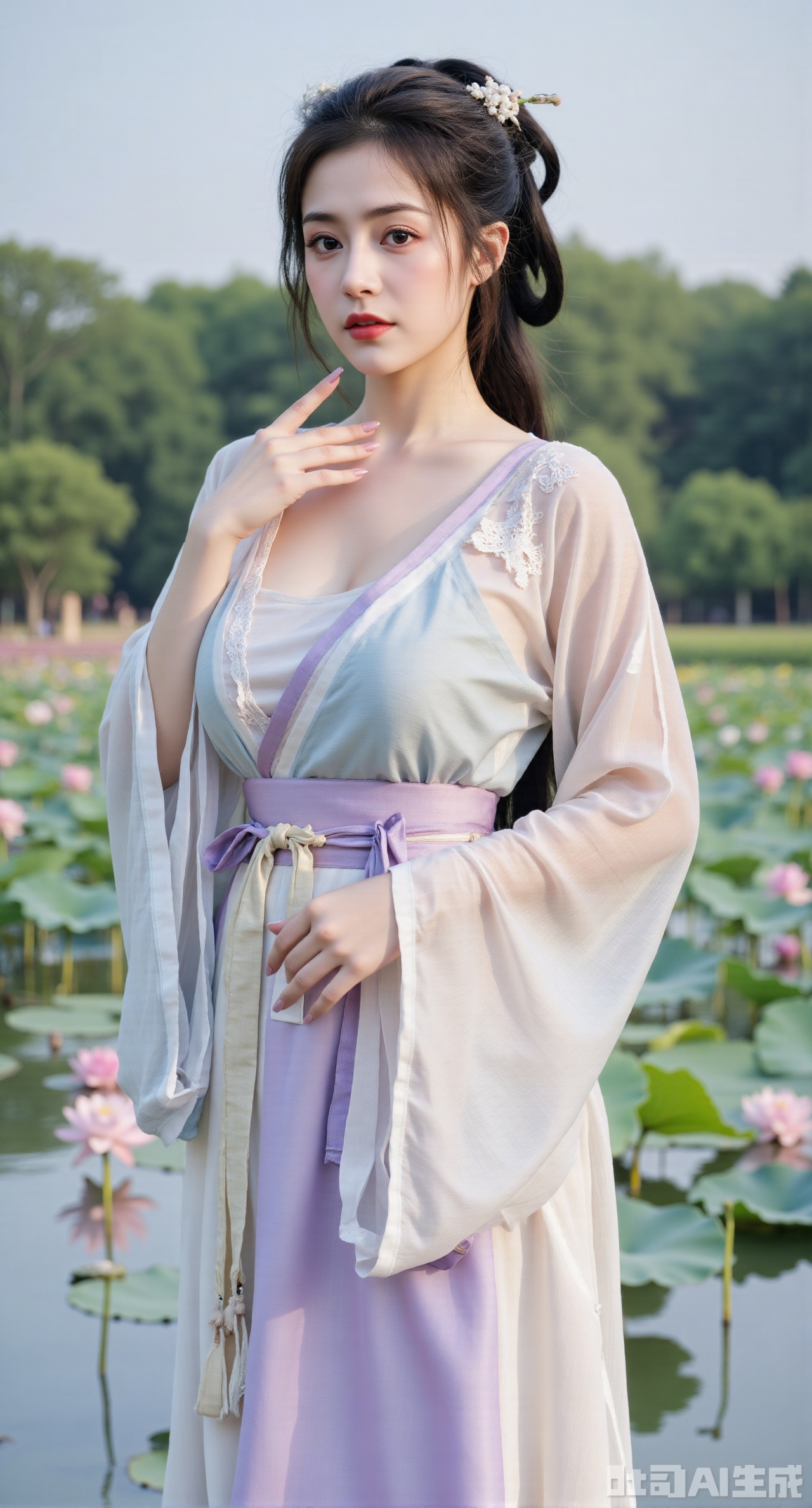  (masterpiece, best quality:1.2),1girl, navel, solo, midriff, bare shoulders, hair ornament, flower, hair flower, black hair, red lips,BREAK, (looking at viewer:1.39), chinese clothes,(Holographic black|white dress:1.39), (lace,Rainbow Gradient Color:1.29),BREAK,purple eyes,blurry, solo focus, long hair, lips, daytime, lipstick, outdoors, (upper body,,Long legs:1.29), blurry,(huge breasts,full breasts:1.41), background, 1girl, makeup, hair bun,Xyunxiao,(Blue sky:1.39),(Suzhou Garden Lotus Pond,pink lotus,green Lotus Leaf:1.39),(huge breasts:2.99), (full breasts:2.99),Xyunxiao,XyunxiaoYK,Xdixionglianyiqun,Xmiaozufushi,Xqilinxianzi,XTifaLockhart,Xjinshenjianshenfu,Xbigbreasts,Xrixirenxiangsheying,XzhaoxiangerX,Xnanxiaochen2,Xyinyue2,Xchenjiajia,Xhanfusiwa,Xmengru,Xweijinfenghanfu