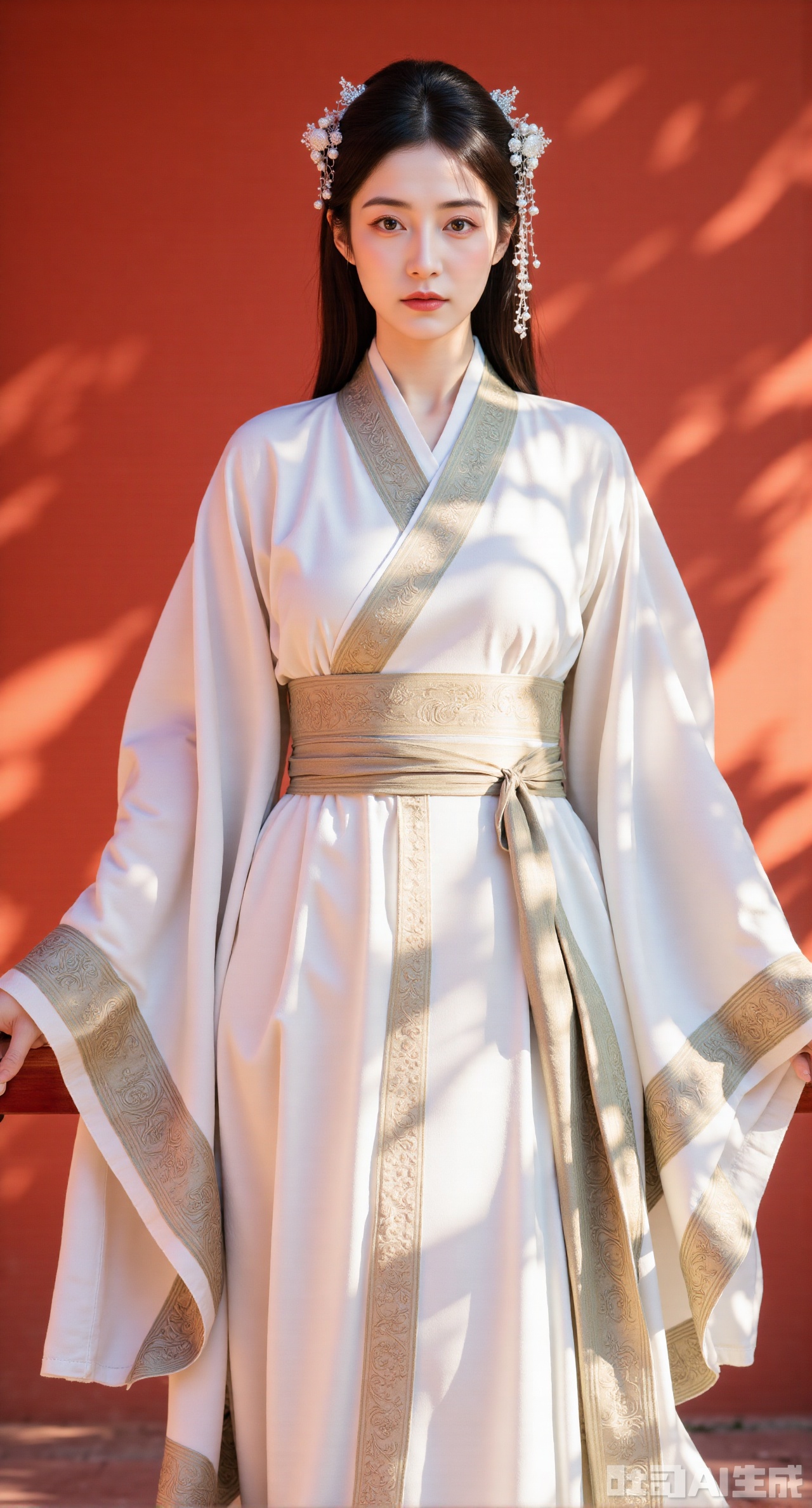 (masterpiece, best quality:1.2),Xzhanguopaohanfu, Full body shot,This is a high-resolution film portrait of An elegant lady in a white hanfu,standing in front of the historic red wall background,huge breasts,the sun casts the shadows of leaves on the red wall,minimalist style,an ethereal Asian woman with a fair complexion and delicate features. She has a serene expression and dark,straight hair adorned with a silver hairpin featuring delicate,ornate metalwork. Her eyes are large and almond-shaped,framed by subtle makeup that highlights their depth and beauty. The woman wears a traditional,vibrant white robe with intricate geometric patterns in earthy tones such as green and brown,adding a sense of historical elegance and cultural richness to the ensemble. The fabric appears to be a blend of silk and cotton,with a smooth texture that enhances the softness of the robe.,(huge breasts:2.99),(full breasts:2.99),Xyunxiao,XyunxiaoYK,Xdixionglianyiqun,Xmiaozufushi,Xqilinxianzi,XTifaLockhart,Xjinshenjianshenfu,Xbigbreasts,Xrixirenxiangsheying,XzhaoxiangerX,Xnanxiaochen2,Xyinyue2,Xchenjiajia,Xhanfusiwa,Xmengru,Xweijinfenghanfu