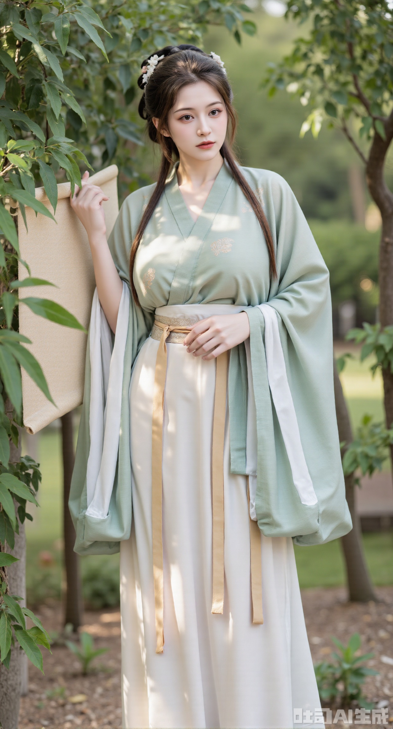 masterpiece, best quality, A girl in Wei - Jin - style Hanfu, standing in a quiet bamboo forest, holding a scroll with a focused look. The breeze gently blows, making her clothes flutter. The loose robes and large sleeves show a sense of elegance, and the skirt is embroidered with delicate bamboo patterns. The background is a lush bamboo forest, with sunlight filtering through the gaps between the bamboo leaves, (huge breasts, full breasts)