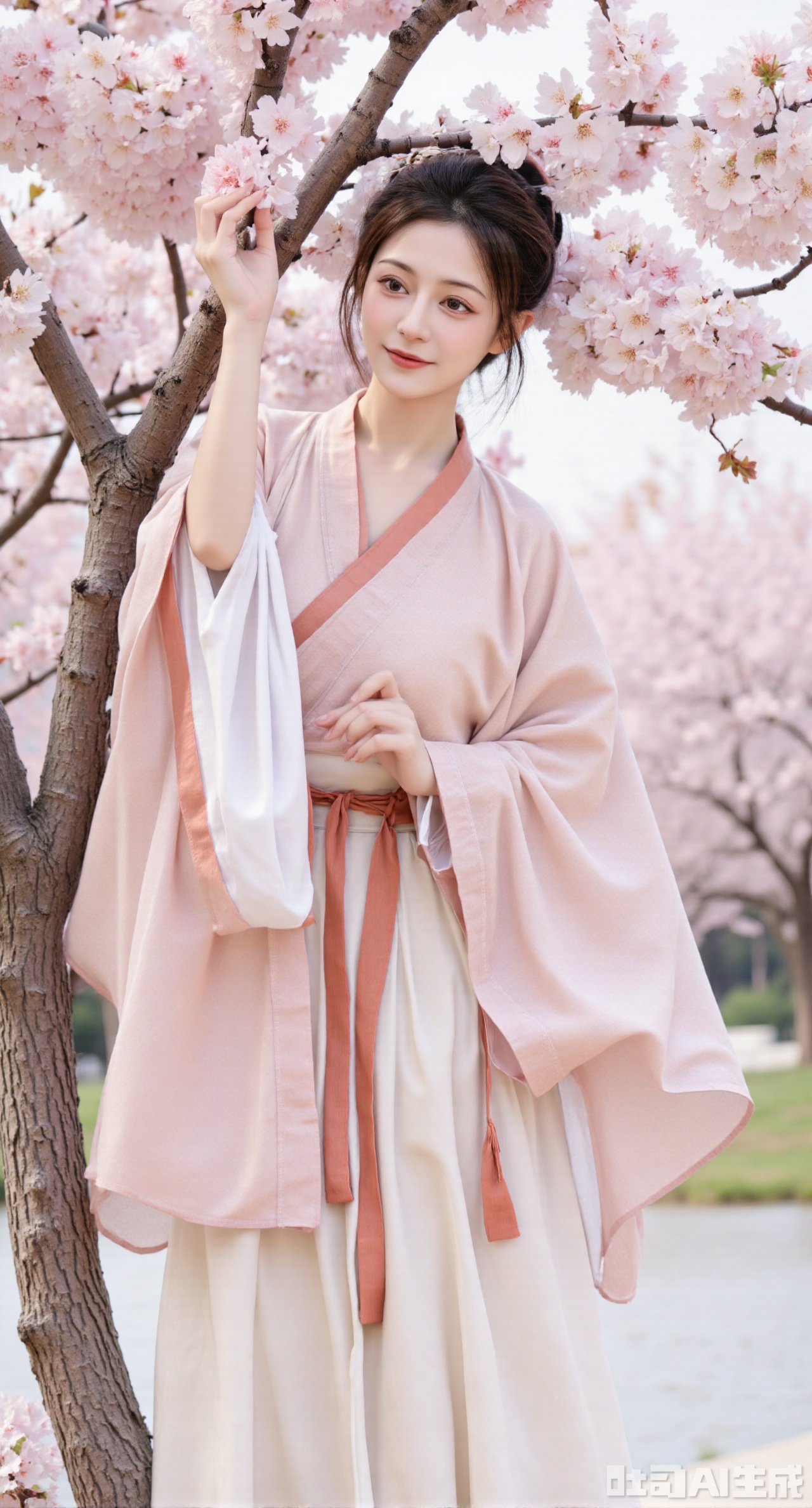 masterpiece, best quality, A girl in Wei - Jin - style Hanfu is standing under a peach tree. As the breeze blows, peach blossoms flutter down. She reaches out to catch the petals, with a smile on her face. The Hanfu is light pink, echoing the peach blossoms. The cuffs are wide, and a belt of the same color is tied around her waist. The background is a magnificent peach blossom forest, (huge breasts, full breasts)
