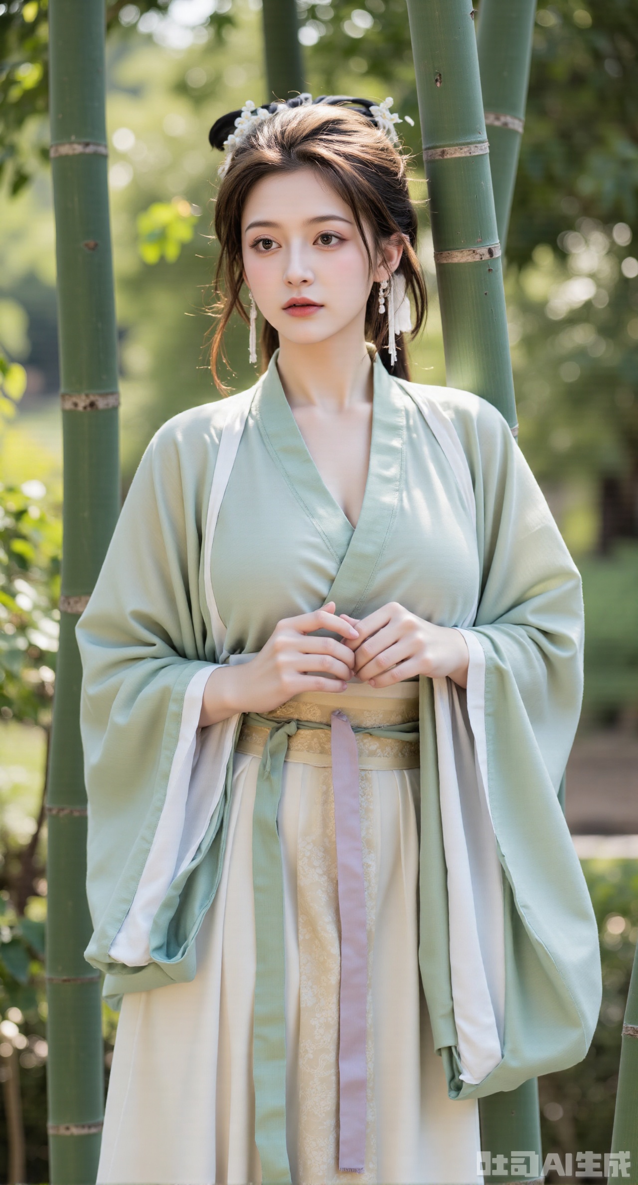 masterpiece, best quality, A girl in Wei - Jin - style Hanfu, standing in a quiet bamboo forest, holding a scroll with a focused look. The breeze gently blows, making her clothes flutter. The loose robes and large sleeves show a sense of elegance, and the skirt is embroidered with delicate bamboo patterns. The background is a lush bamboo forest, with sunlight filtering through the gaps between the bamboo leaves, (huge breasts, full breasts)