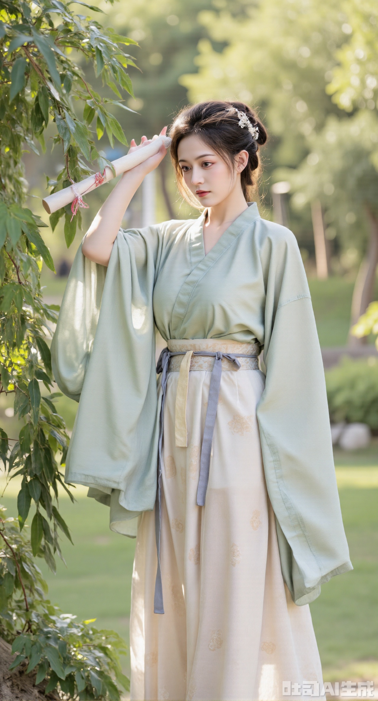masterpiece, best quality, A girl in Wei - Jin - style Hanfu, standing in a quiet bamboo forest, holding a scroll with a focused look. The breeze gently blows, making her clothes flutter. The loose robes and large sleeves show a sense of elegance, and the skirt is embroidered with delicate bamboo patterns. The background is a lush bamboo forest, with sunlight filtering through the gaps between the bamboo leaves, (huge breasts, full breasts)