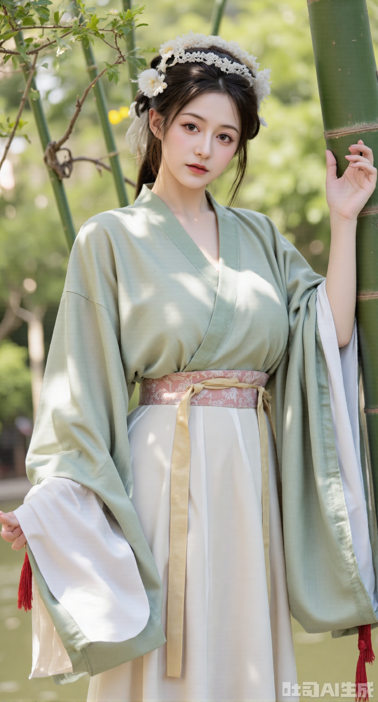 masterpiece, best quality, A girl in Wei - Jin - style Hanfu, standing in a quiet bamboo forest, holding a scroll with a focused look. The breeze gently blows, making her clothes flutter. The loose robes and large sleeves show a sense of elegance, and the skirt is embroidered with delicate bamboo patterns. The background is a lush bamboo forest, with sunlight filtering through the gaps between the bamboo leaves, (huge breasts, full breasts)