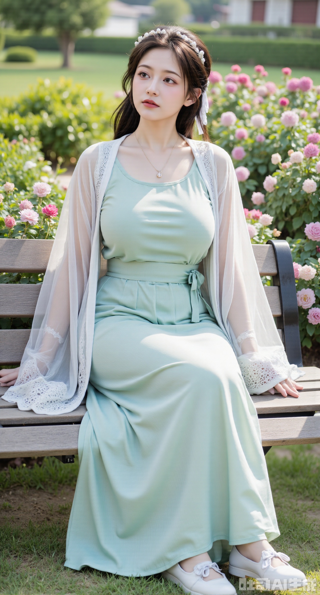 (masterpiece, best quality:1.2),A beauty wearing a pearl hairband dons a long dress, paired with a light cyan sheer knitted cardigan and white Mary Jane shoes. Leaning on a garden bench filled with macaron - colored flowers,.Sunlight filters through the leaves onto her face, creating a lazy and gentle atmosphere, and her skirt sways softly in the breeze. 8K resolution, detailed texture of knitted fabric, lustrous pearl texture, vivid flower colors, soft natural light, Instagram - style filter texture.,(huge breasts:2.99),(full breasts:2.99),Xnanxiaochen,Xloubeimaoyi,Xrixisheyingfeng,Xnaiqishuiyi,Xzhaoxianger