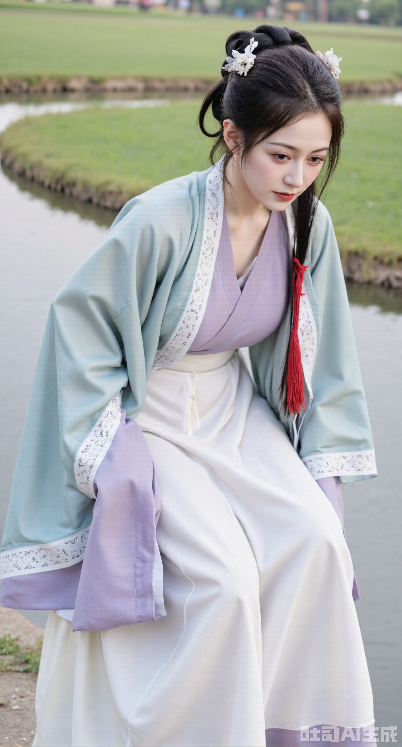 masterpiece, best quality, A girl in Wei - Jin - style Hanfu is by a gurgling stream, bending down to gently touch the water with a comfortable expression. The clothing is in light colors, mainly light blue and lavender. It has a crossed - collar and right - lapel design, and the cuffs are inlaid with delicate lace. The background is the clear stream and wildflowers blooming by the stream, (huge breasts, full breasts)
