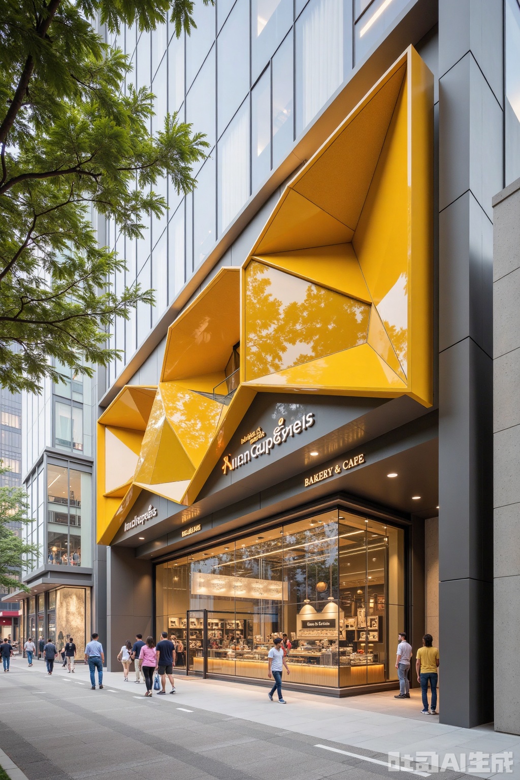landscapejam,ertongjie,,landscapejam,ertongjie,Photograph of a modern,geometric facade of a building featuring large,golden,honeycomb-patterned panels. Below,the entrance of "Inch Hoppers" bakery and cafe is visible,with large glass windows showcasing pastries and a minimalist interior. People walk on the sidewalk,and a tree is partially visible on the left.,