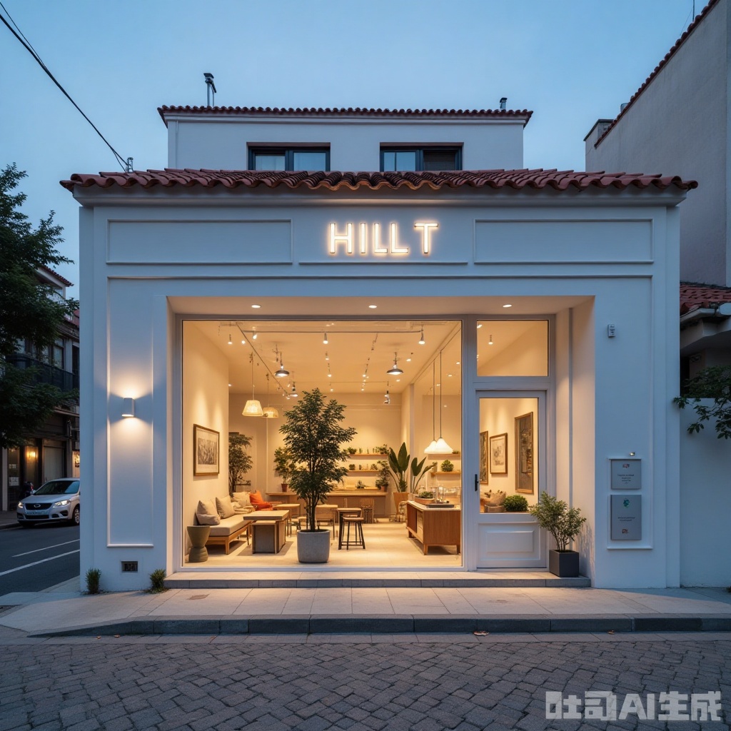 landscapejam,ertongjie,Photograph of a modern, minimalist storefront at dusk. The building features a white facade with clean lines and a large glass window displaying a warmly lit interior with modern furniture and potted plants. The sign reads "HILLTI." The exterior has a tiled roof and a cobblestone ground.