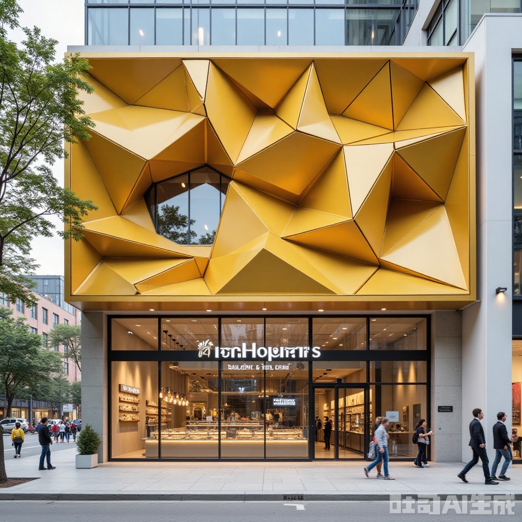landscapejam,ertongjie,,landscapejam,ertongjie,Photograph of a modern,geometric facade of a building featuring large,golden,honeycomb-patterned panels. Below,the entrance of "Inch Hoppers" bakery and cafe is visible,with large glass windows showcasing pastries and a minimalist interior. People walk on the sidewalk,and a tree is partially visible on the left.,