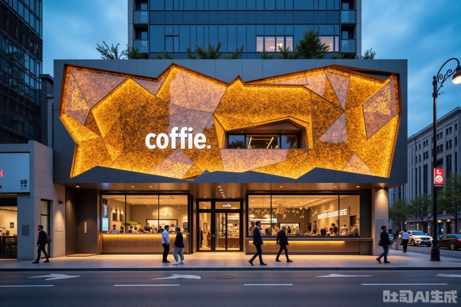 landscapejam,ertongjie,,(landscapejam:1),(ertongjie:1),Photograph of a modern,warmly-lit café named "coffie" at dusk.,geometric facade,honeycomb-patterned panels,People walk on the sidewalk,