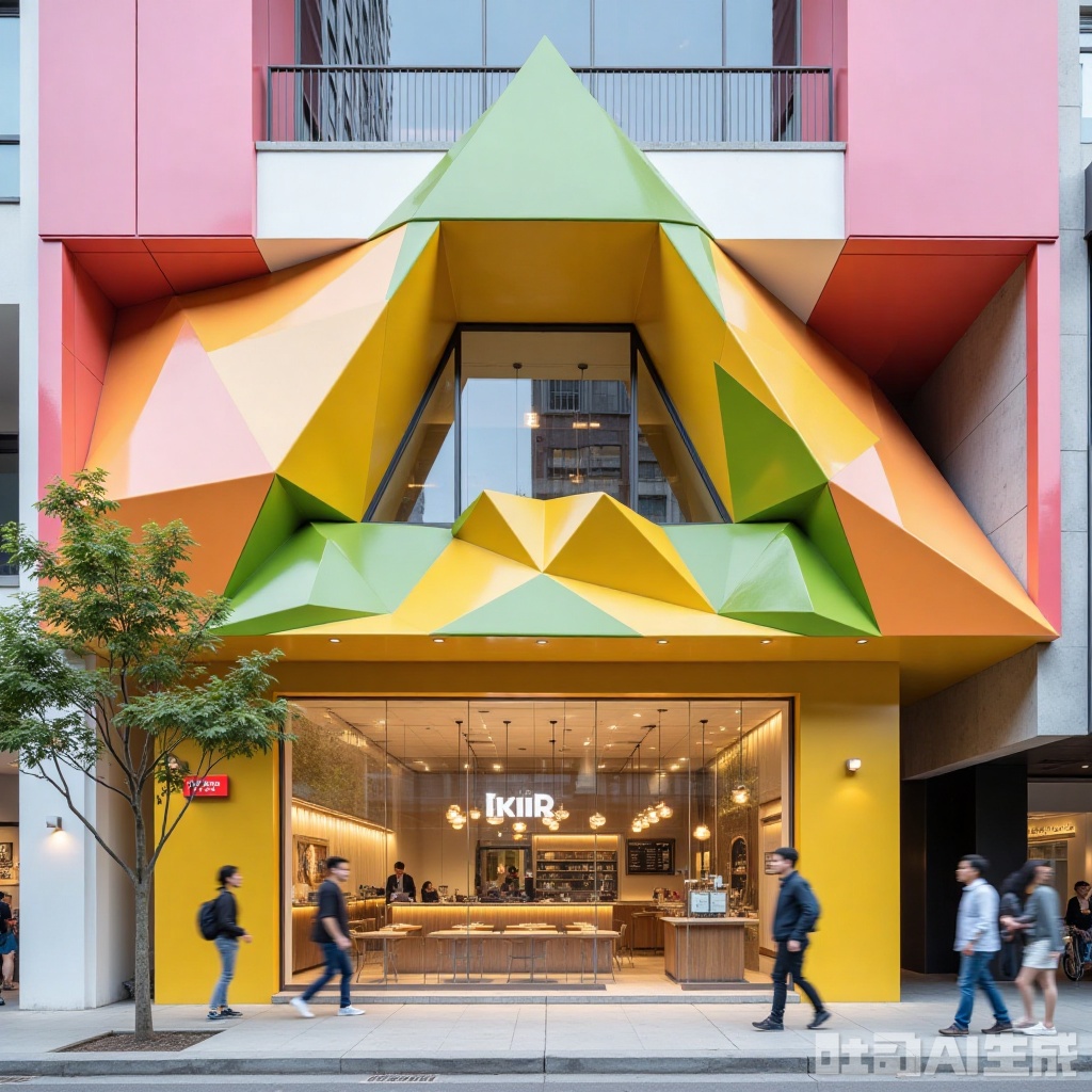 landscapejam,ertongjie,,landscapejam,ertongjie,Photograph of a modern, geometric building facade with a colorful, angular design in yellow, green, and orange. The ground floor features a glass storefront with "KIR" signage, displaying a cafe interior with warm lighting. People walk by outside, and a small tree stands to the left. The building's upper section has a pink and white color scheme. 
