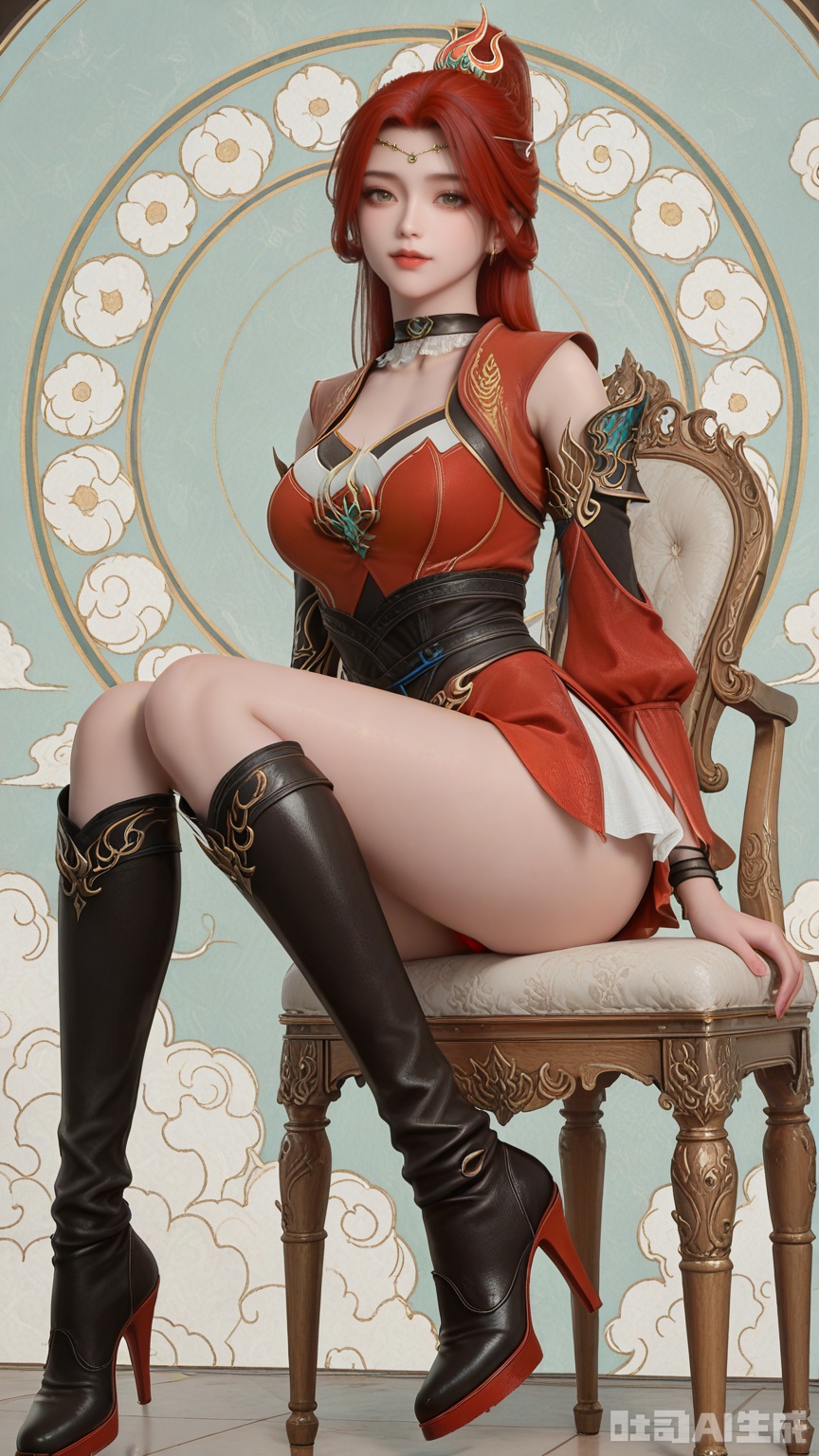 general, sfw, 1female, solo, breast, exquisite skin, looking at viewer, sitting, high heel boots, very awa, masterpiece, best quality, highres, absurdres, newest, aesthetic, Solid Glossy and cloud background