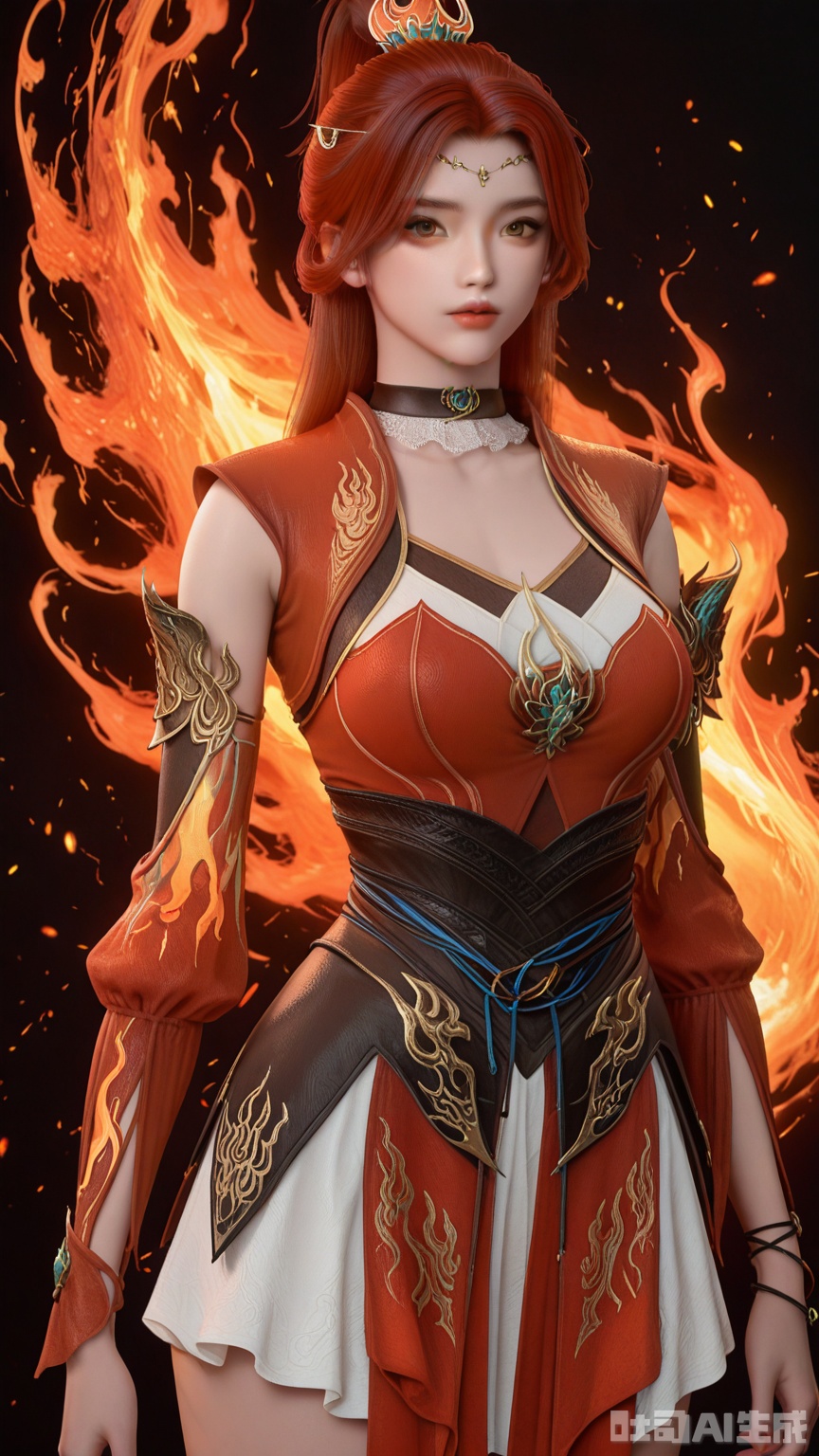 general, sfw, 1female, Dark brown eyes, red_hair, solo, breast, exquisite skin, looking at viewer, cowboy_shot, very awa, Glossy and Flame background