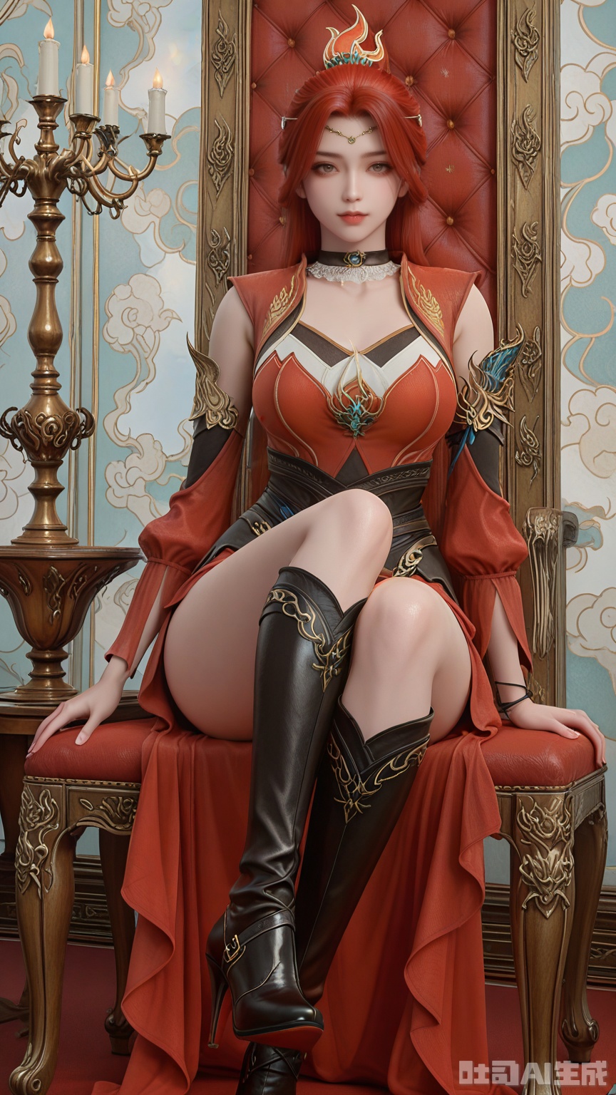 general, sfw, 1female, solo, breast, exquisite skin, looking at viewer, sitting, high heel boots, very awa, masterpiece, best quality, highres, absurdres, newest, aesthetic, Solid Glossy and cloud background