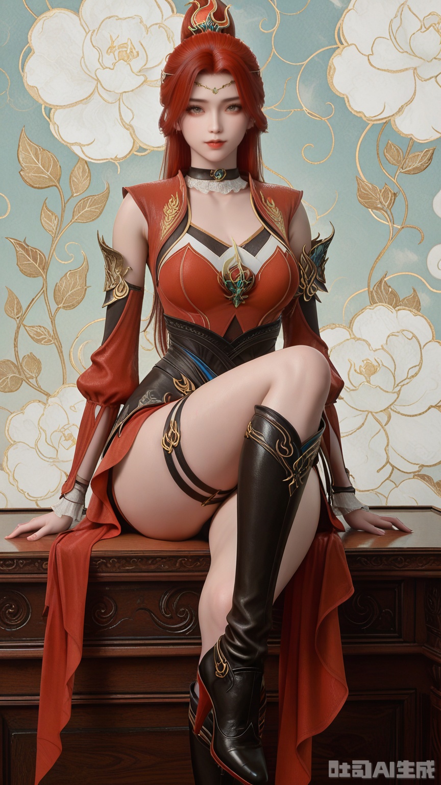 general, sfw, 1female, solo, breast, exquisite skin, looking at viewer, sitting, high heel boots, very awa, masterpiece, best quality, highres, absurdres, newest, aesthetic, Solid Glossy and cloud background