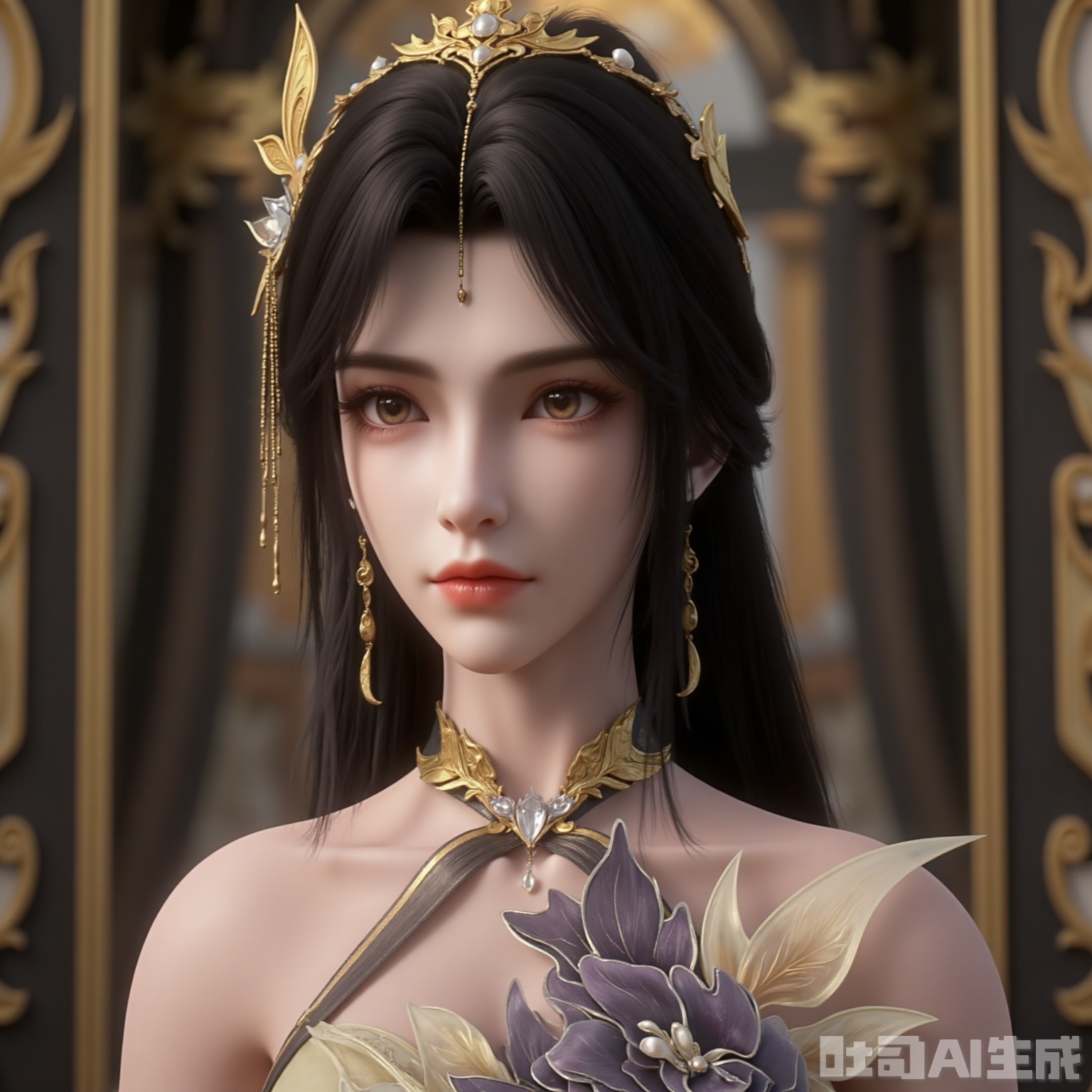 Highly detailed, realistic digital artwork of a beautiful woman with long and straight black hair, wearing a well-crafted golden headdress decorated with pearls and jewels. Her skin is fair, she has her eye-catching big brown eyes and plump lips with subtle pink tones. She wore a gorgeous golden necklace with a huge central gem on it. The background features a vague, majestic palace with intricate architecture suggesting a royal backdrop. The lights are soft and natural, highlighting her quiet expression. The overall style is realistic with a hint of fantasy, emphasizing elegance and elegance.