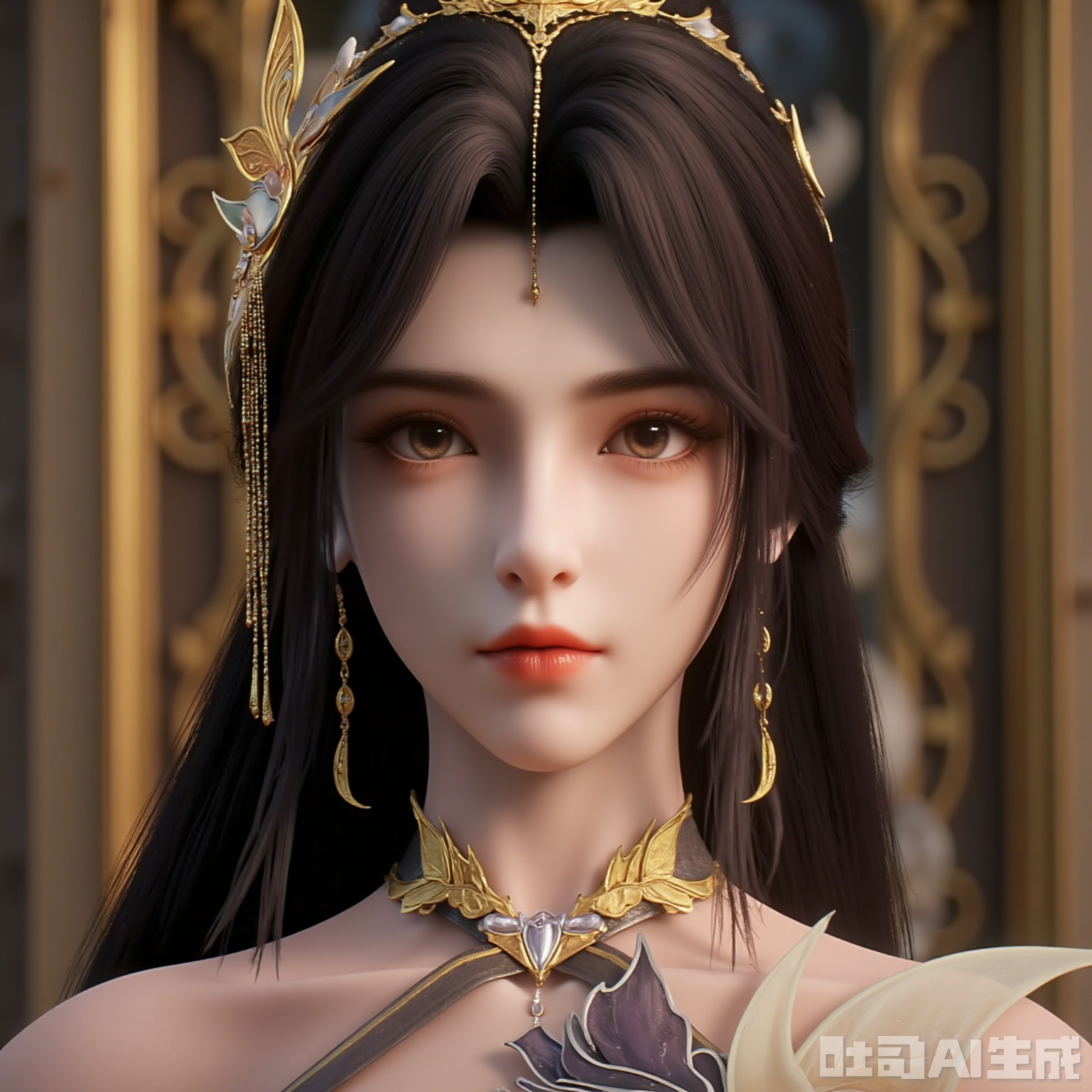 Highly detailed, realistic digital artwork of a beautiful woman with long and straight black hair, wearing a well-crafted golden headdress decorated with pearls and jewels. Her skin is fair, she has her eye-catching big brown eyes and plump lips with subtle pink tones. She wore a gorgeous golden necklace with a huge central gem on it. The background features a vague, majestic palace with intricate architecture suggesting a royal backdrop. The lights are soft and natural, highlighting her quiet expression. The overall style is realistic with a hint of fantasy, emphasizing elegance and elegance.