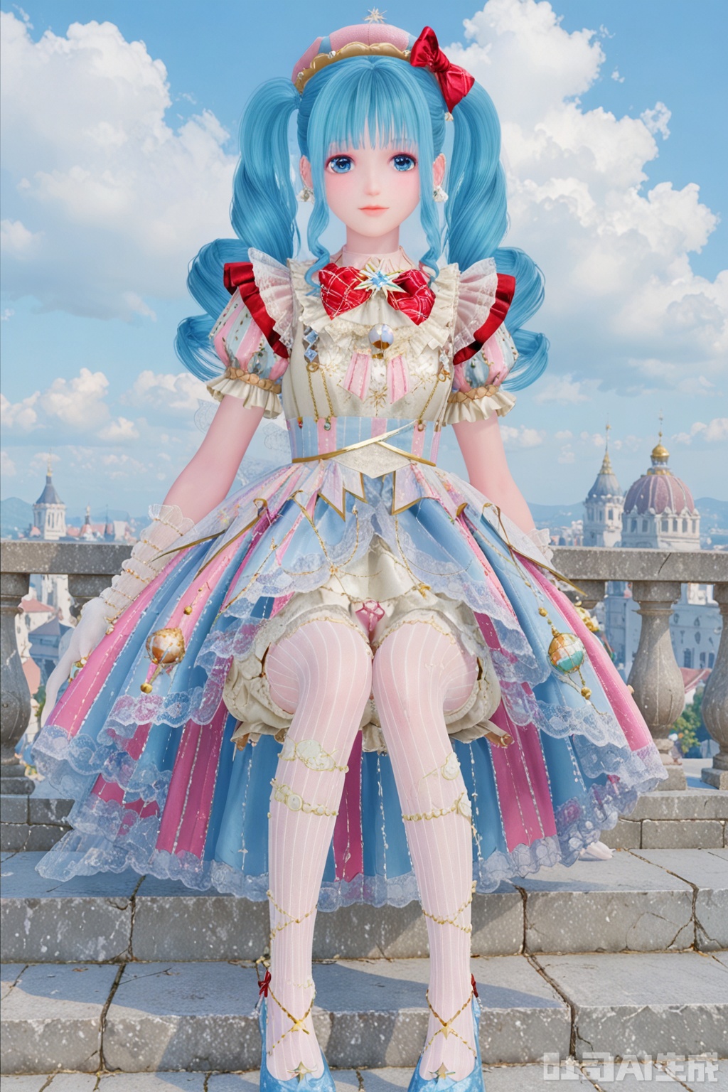 1girl, solo, long hair, looking at viewer, bangs, blue eyes, gloves, hat, dress, bow, twintails, jewelry, closed mouth, underwear, blue hair, standing, short sleeves, hair bow, pantyhose, earrings, frills, sky, striped, puffy sleeves, cloud, red bow, puffy short sleeves, drill hair, gem, multicolored clothes, vertical stripes,bloomers, pearl \(gemstone\),sitting,feet,long_legs, v
