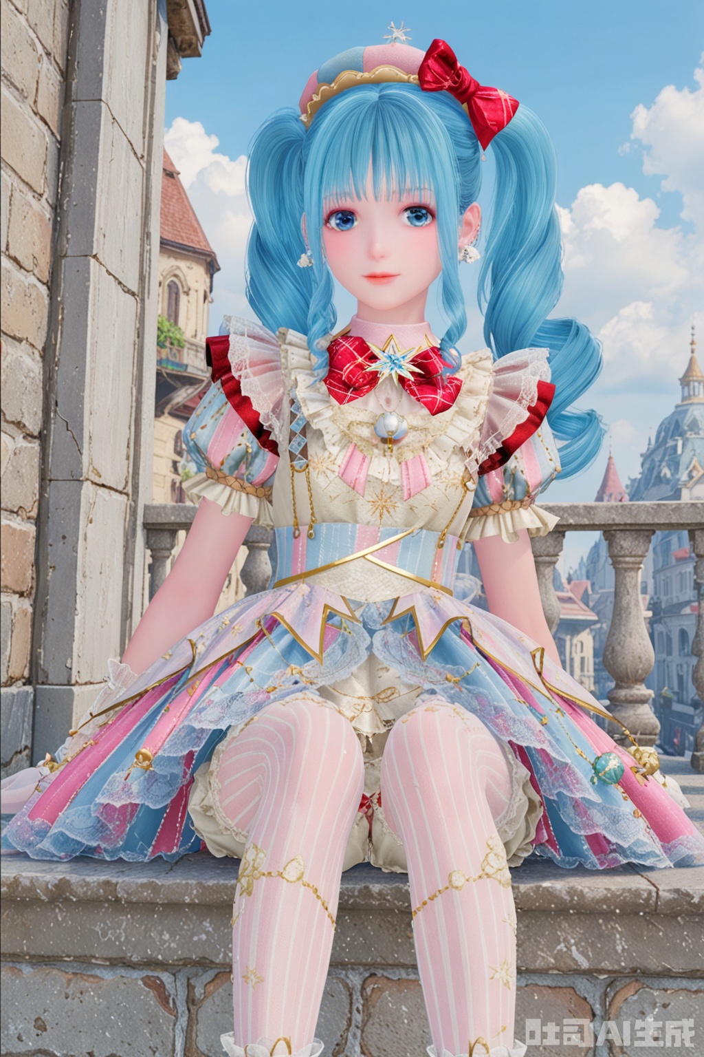 1girl, solo, long hair, looking at viewer, bangs, blue eyes, gloves, hat, dress, bow, twintails, jewelry, closed mouth, underwear, blue hair, standing, short sleeves, hair bow, pantyhose, earrings, frills, sky, striped, puffy sleeves, cloud, red bow, puffy short sleeves, drill hair, gem, multicolored clothes, vertical stripes,bloomers, pearl \(gemstone\),sitting,feet,long_legs, v