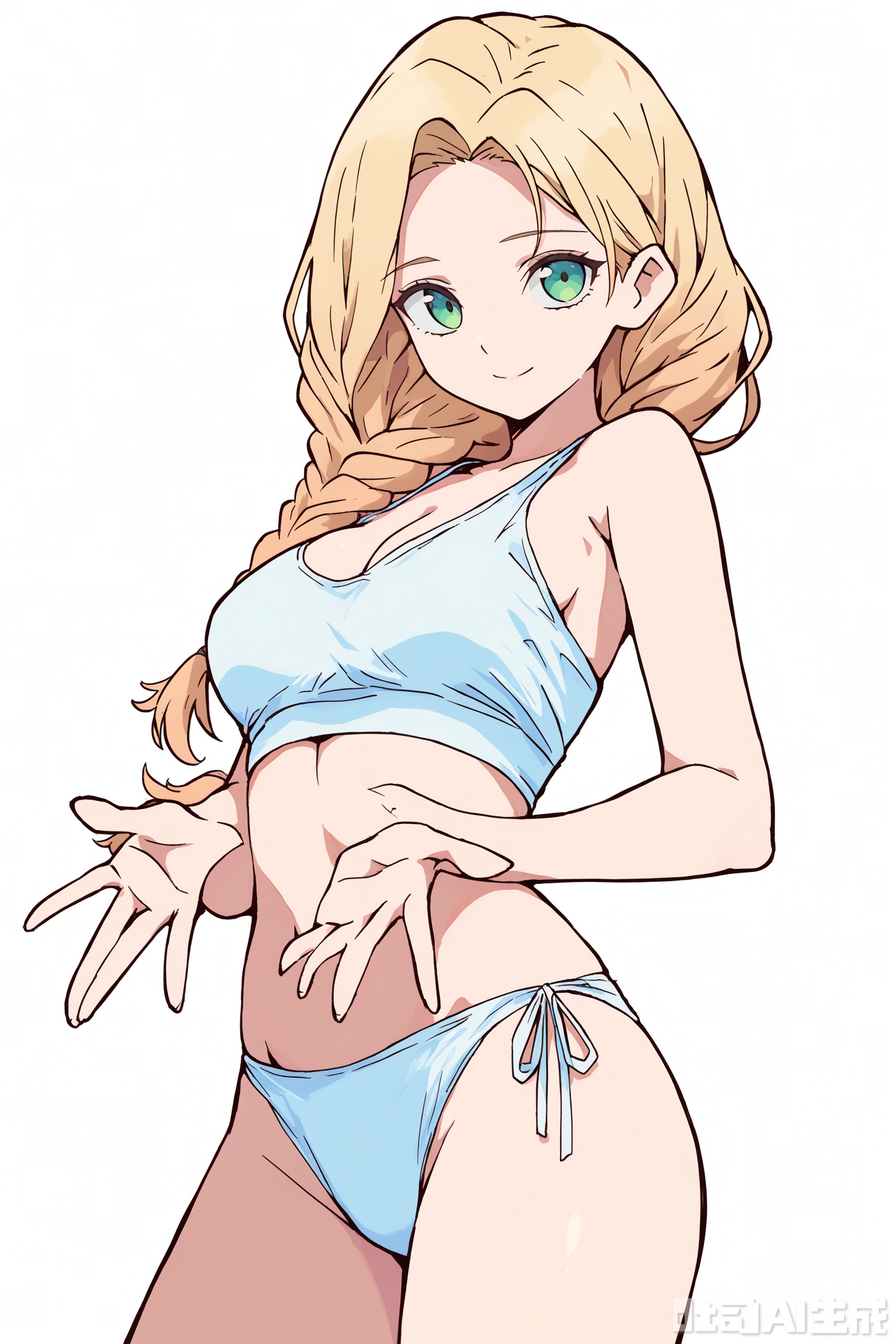 1 girl, stretch your arms, open your hands, multiple girls, blonde hair, green eyes, braids, long hair, white background, cleavage, medium breasts, white background abdomen, whole body, thighs,
,
Masterpiece, best quality, 2d, animation,

The best quality, amazing quality, very beautiful, absurd, the best quality, very beautiful,