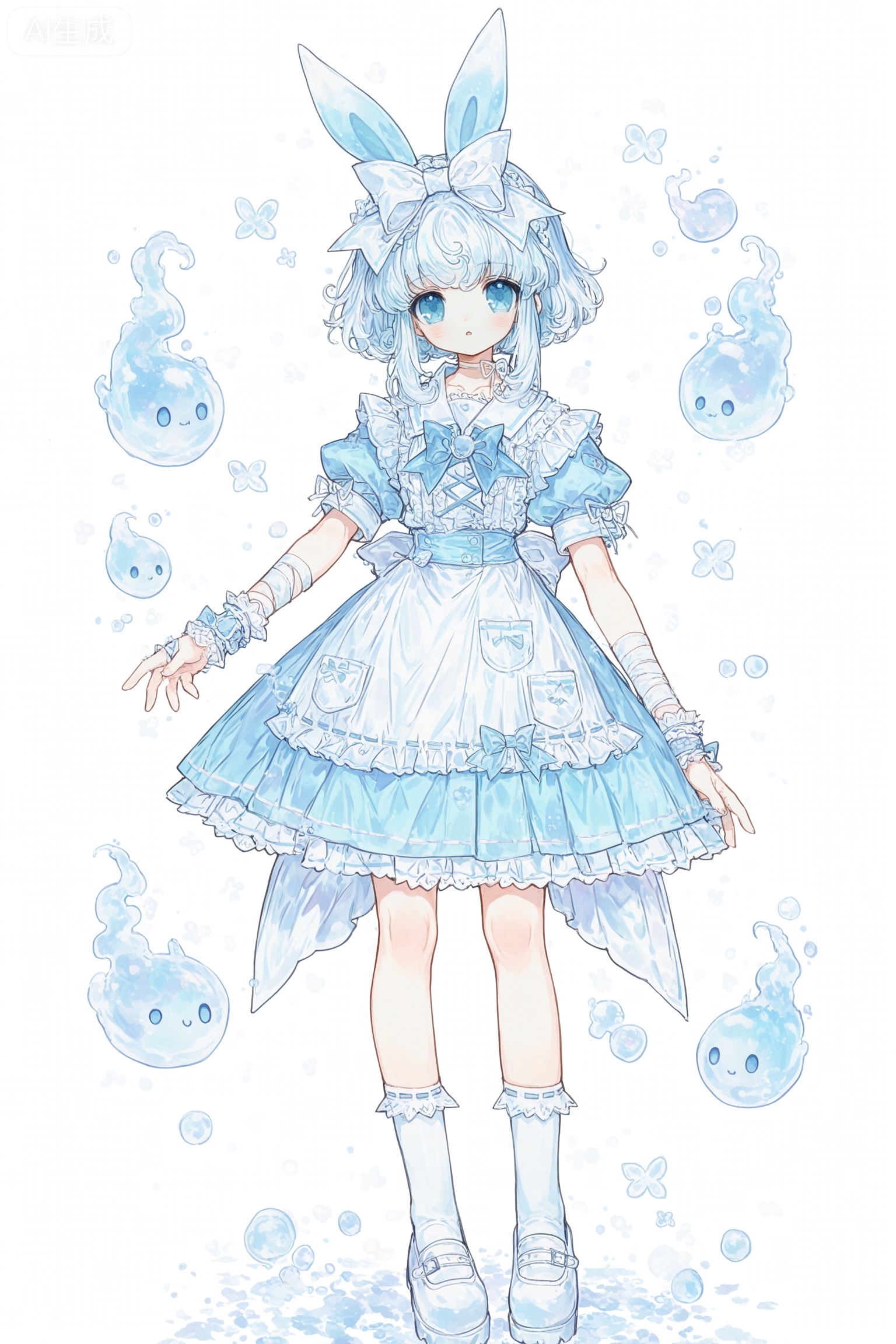 Solo, whole body,,,Stretch out your arms,open your hands,whole body,full body,
watercolor：1.3,//,(imazawa:0.3),(maccha_(mochancc):0.3),(ningen_mame:0.2),(mochizuki_kei:0.2),,zoom_layer,white background
／／
1 girl, breasts, cleavage,ketone,
1girl, solo, ice blue jellyfish-like hair, transparent wavy hair, bioluminescent hair tips, light amber jellyfish eyes, glowing pupils, innocent expression, soft gaze, slightly open mouth, pale translucent skin, bioluminescent blue blush, jellyfish humanoid, full body jellyfish transformation, jellyfish tentacle limbs, transparent tentacles with bioluminescent blue stripes, floating tentacles, gothic lolita outfit in ice blue and white color scheme, ice blue gothic lolita dress with white lace trim and multiple ruffled layers, sheer bioluminescent blue overlay on the dress, white lace choker with small blue glowing gem, ice blue puff sleeves with white ribbon bow, ice blue platform martin boots with white laces and subtle bioluminescent blue glow, standing pose, floating posture, ethereal movement, head tilted to the side, showing profile face, one hand gently supporting her cheek or lightly touching her chin, gentle or slightly playful expression, soft and slightly teasing eyes, solid white background, no other background elements, bioluminescent glow, transparent texture, delicate line art, soft shading, no watermark, no text, marine fantasy mixed with gothic lolita style, pure and ethereal aesthetic