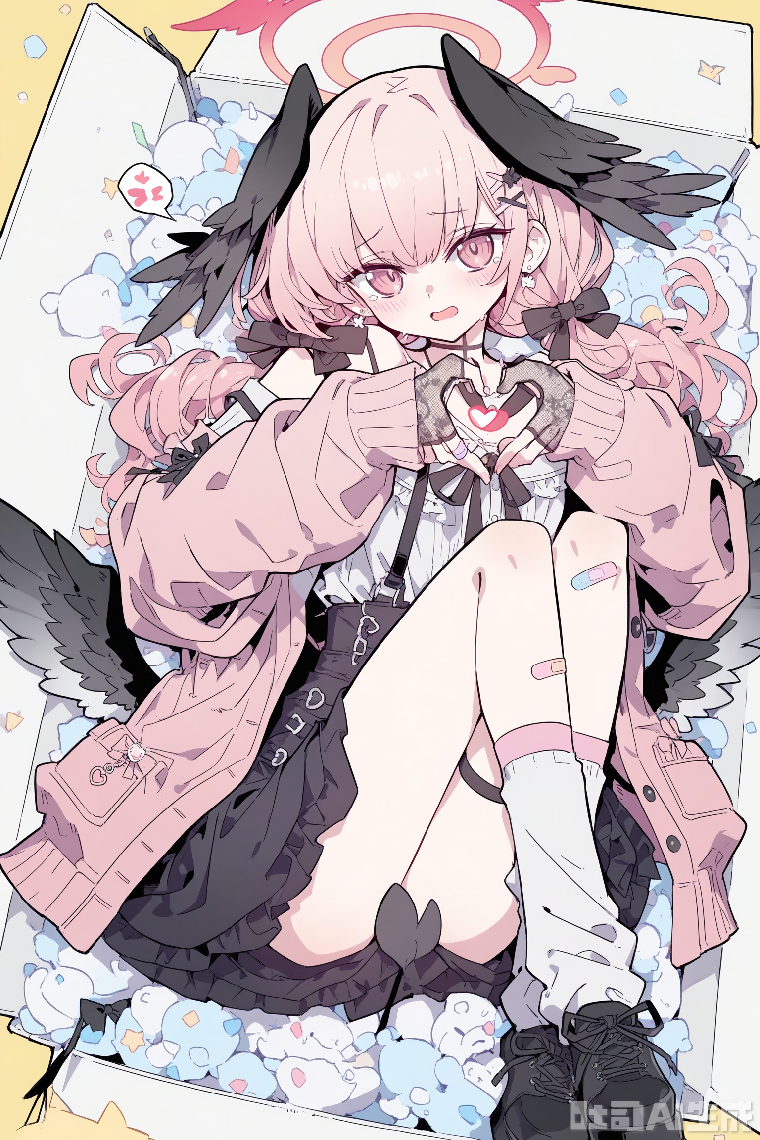 imazawa,starshadowmagician,,(Chocoan:0.25),agoto, // ,koharu (blue archive), ／／
1 girl, socks, single tail in front of her, solo, wings, gloves, chest, (no shoulder strap: 1.2), (jirai kei: 1.3), lace gloves, black gloves, shirt, looking at the audience, halo, blush, skirt, double tail, (head wing: 1.3), pink shirt, pink eyes, pink halo, black loafers, hair ornament, band-aid, pink box, pink ribbon, long sleeves, folds, bow, heart-shaped hands, necklace, alternative clothing, skirt, thigh strap, hair bow, whole body, separate lips, container, bow, lying down, bow, bow, medium hair, purple skirt, earrings, open mouth, in the box, in the box, (shoes: 1.3), black necklace, side, fluffy long sleeves, hairpin, ribbon, flat chest, 

// , high contrast, vibrant colors, light and shadow effects, // ,masterpiece,best quality,amazing quality,highly detailed, high quality,fczj,multicolored hair,,streaked hair,colorful,multicolored background,Expressiveh,mengchao,cjj,ChuJiujiu