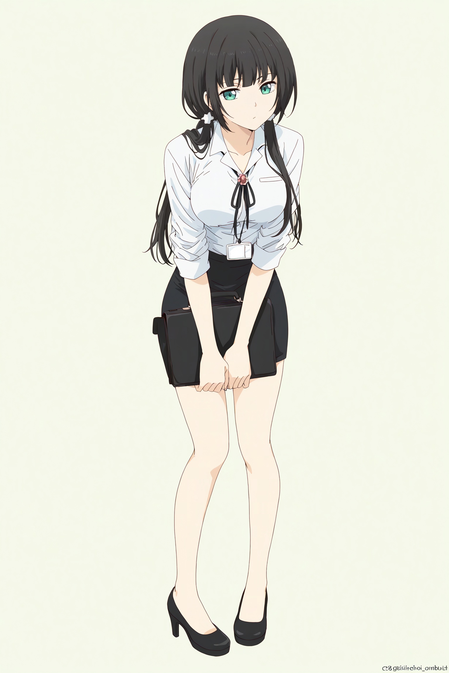 (Stretch out your arms,open your hands: 1.1),/Full body, standing//Teacher：1.3,
White background, white theme, solo, whole body
Masterpiece, best quality, 2d, animation,
//
///（Stretch out your arms,open your hands: 1.1),
//
The best quality, amazing quality, very beautiful, ridiculous, the best quality, very beautiful,
//Four fingers, four fingers, mother, elder
//（Stretch out your arms,open your hands: 1.1),//
/Nishiro Chizuru,(Medium breasts: 0.8),//Four fingers, four fingers, mother, elder///
One girl, alone, with low-hanging double ponytails, long hair, black hair (styled in low double ponytails), green eyes
/////#AF604F Customized blazer, #584849 pencil skirt, #E29068 silk shirt, #C6CDAD brooch, high heels,Black briefcase,
Matte gray cow stockings, thick and crisp, perfectly hugging the leg lines, slight pressure design to make you slim, matte texture, intellectual and elegant, high-top position, partial close-up, exquisite