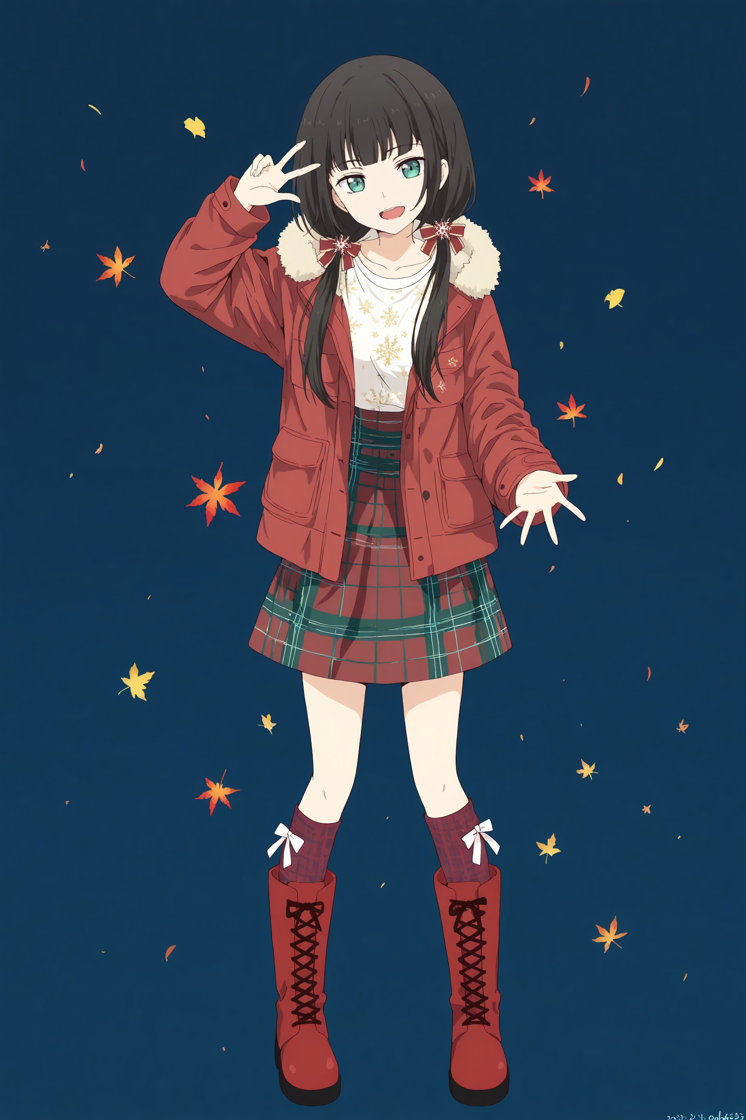 (Stretch out your arms,open your hands: 1.1),/Full body, standing//Red boots

White background, white theme, solo, whole body
Masterpiece, best quality, 2d, animation,
//
///（Stretch out your arms,open your hands: 1.1),
//
The best quality, amazing quality, very beautiful, ridiculous, the best quality, very beautiful,
//Four fingers, four fingers, mother, elder
//（Stretch out your arms,open your hands: 1.1),//
/Nishiro Chizuru,(Medium breasts: 0.8),//Four fingers, four fingers, mother, elder///
One girl, alone, with low-hanging double ponytails, long hair, black hair (styled in low double ponytails), green eyes
/////, Red boots,#D40D3E main dress, #FDF5DC fur trim, #C9EAF8 snowflake embroidery, #DA2E53 red bows,
Red and black plaid over-the-knee socks, classic British plaid, extremely elastic, fit the legs and reach the top of the thighs, sweet and cool style, clear plaid pattern, warm in autumn and winter, close-up shot