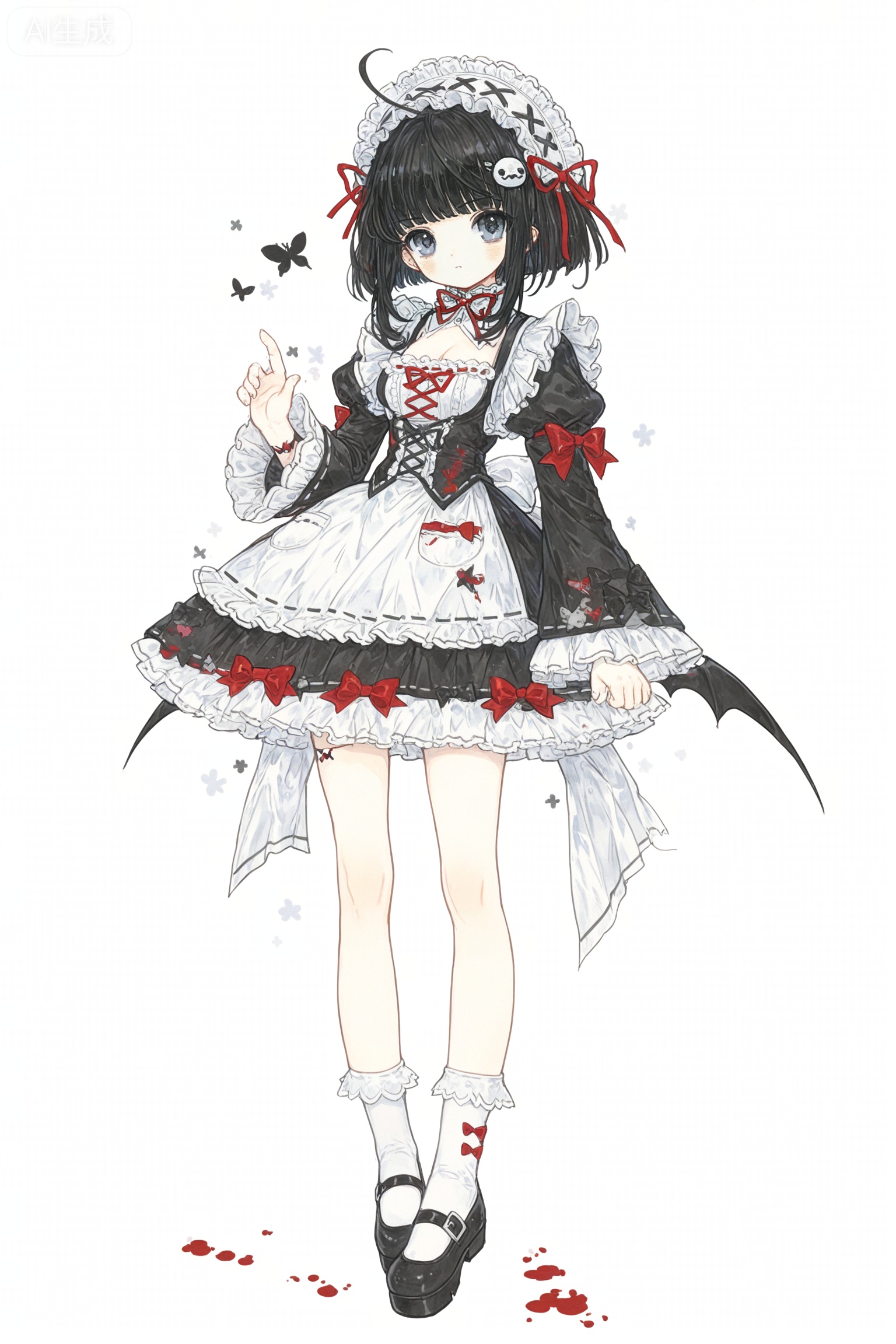 Solo, whole body,,,Stretch out your arms,open your hands,whole body,full body,
watercolor：1.3,//,(imazawa:0.3),(maccha_(mochancc):0.3),(ningen_mame:0.2),(mochizuki_kei:0.2),,zoom_layer,white background
／／
1 girl, breasts, cleavage,ketone,
1girl, solo, charcoal black long hair, ink black long curly hair, red rose hair ornaments, black feather hair ornaments, ice blue gray eyes, cold gray blue eyes, narrow long eyes, indifferent expression, a bad smile at the corners of the mouth, a red rose petal in the mouth, pale skin with red blush, Gothic dark style,

Gothic loli clothing, black and dark gray are the main colors, decorated with red,

Black lace-edged corset top with a red bow on the chest,

Black multi-layer ruffled goth skirt, gray polka dot pattern, inner red ruffled,

Black lace necklace, red rose pendant in the middle,

Black thick-soled Martin boots, red shoelaces, metal buckle decoration,

There are black feathers and red roses at the waist and skirt.

Crow elements, black phoenix butterfly patterns appear on the skirt and sleeves,

Monster girl, beastized limbs, hands and feet with crow claws, black crow wings, feathered wings, claw-shaped feet, demonized lower body, twisted monster legs,

Standing, leaning slightly to the right,

The right hand made an OK gesture, and the fingertips leaned gently against the cheek, which looked playful and cute.

The left hand droops naturally or gently rests on the waist, and the posture is relaxed and natural.

The cloak-like black ribbon and feathers fluttered slightly, and the hair fluttered.

There is a blood splash effect on the skirt and boots.

Pure white background, no other background elements, no watermark, no text,

Elegant and alienated, sickly aesthetics, exquisite line draft, soft shadow, dark fantasy, horror Gothic style,